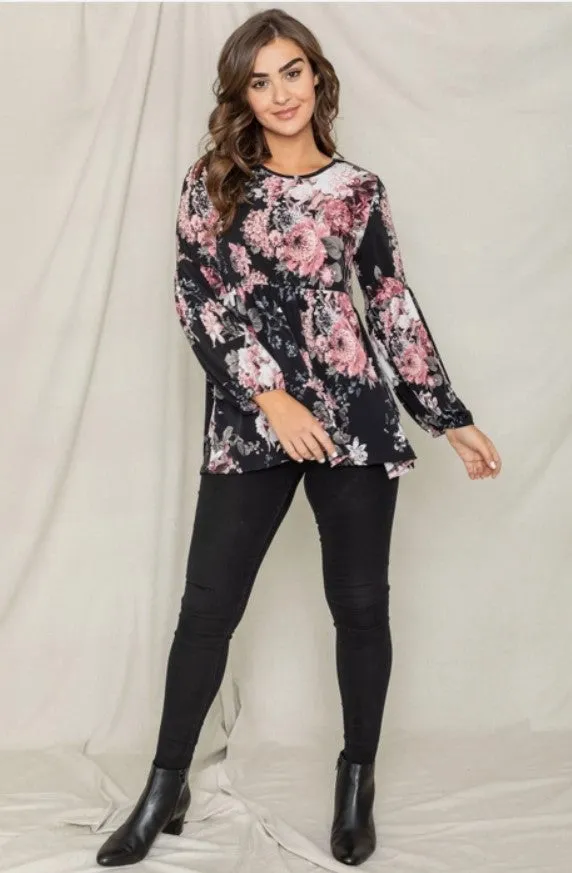 Black w/Pink Floral Peplum Top - #6315-6321