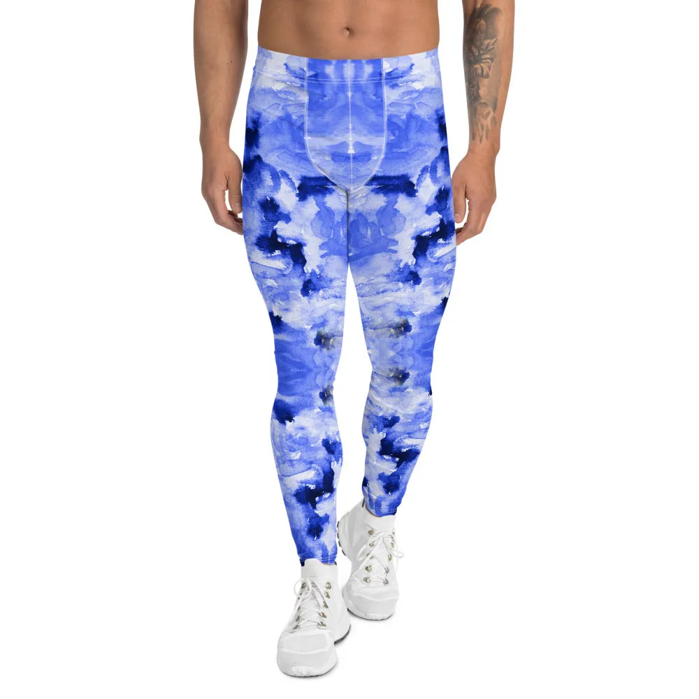 Blue Rose Men's Leggings, Abstract Floral Print Best Compression Men's Running Tights-Made in USA/EU