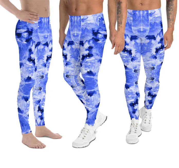 Blue Rose Men's Leggings, Abstract Floral Print Best Compression Men's Running Tights-Made in USA/EU