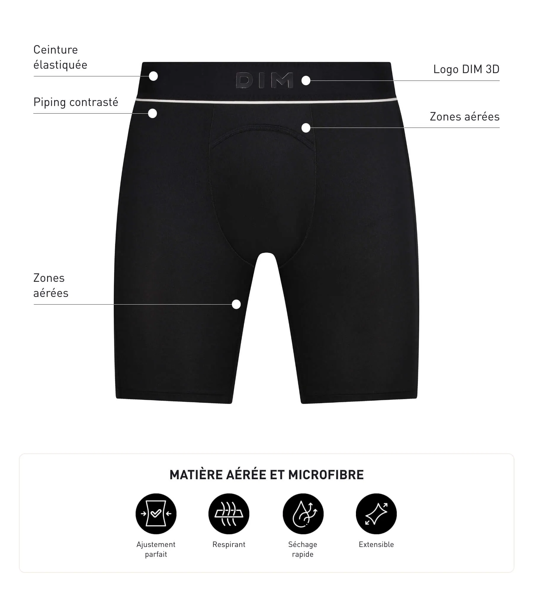 Boxer long homme en microfibre et mesh Noir Dim Move