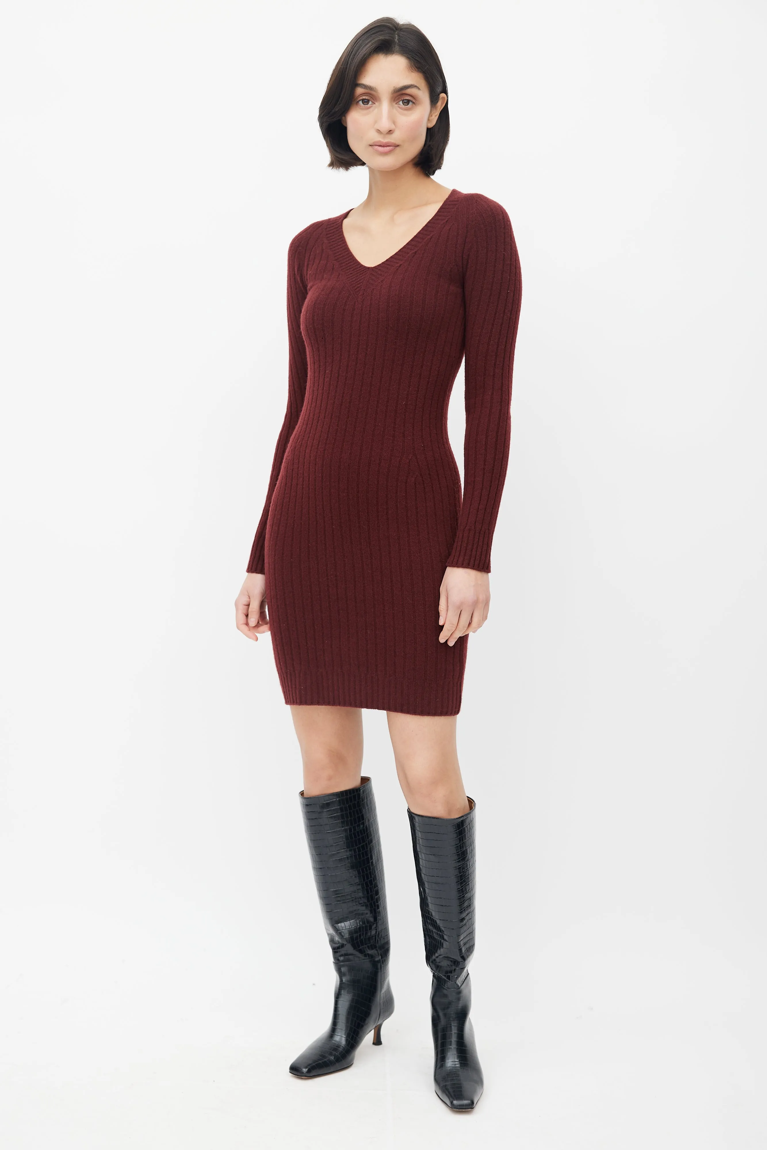 Burgundy Ribbed Knit Sweater Dress