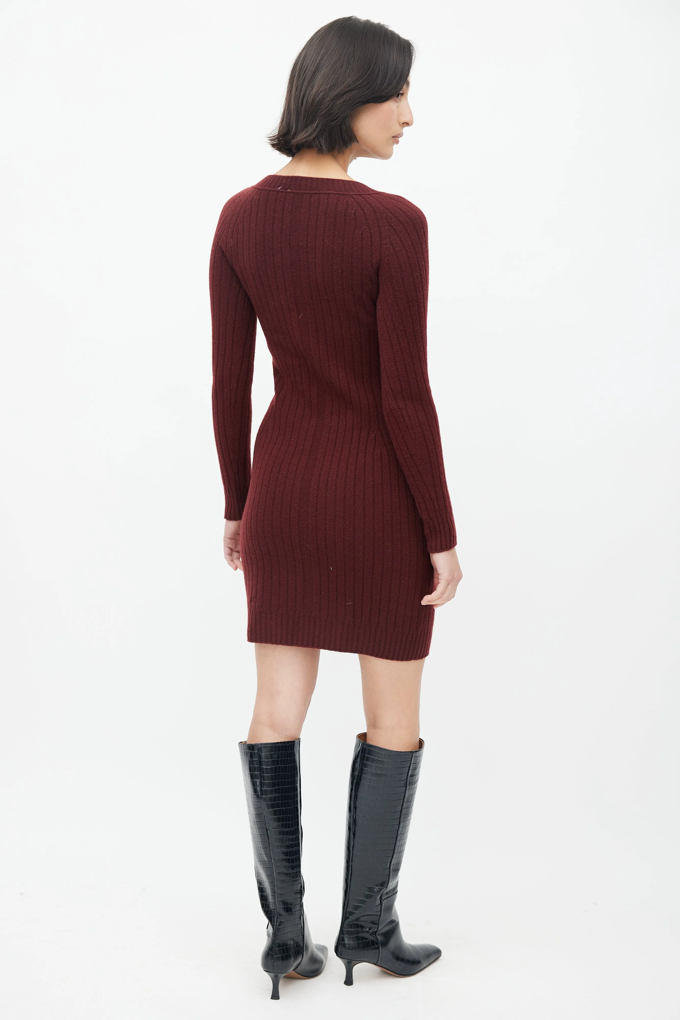 Burgundy Ribbed Knit Sweater Dress