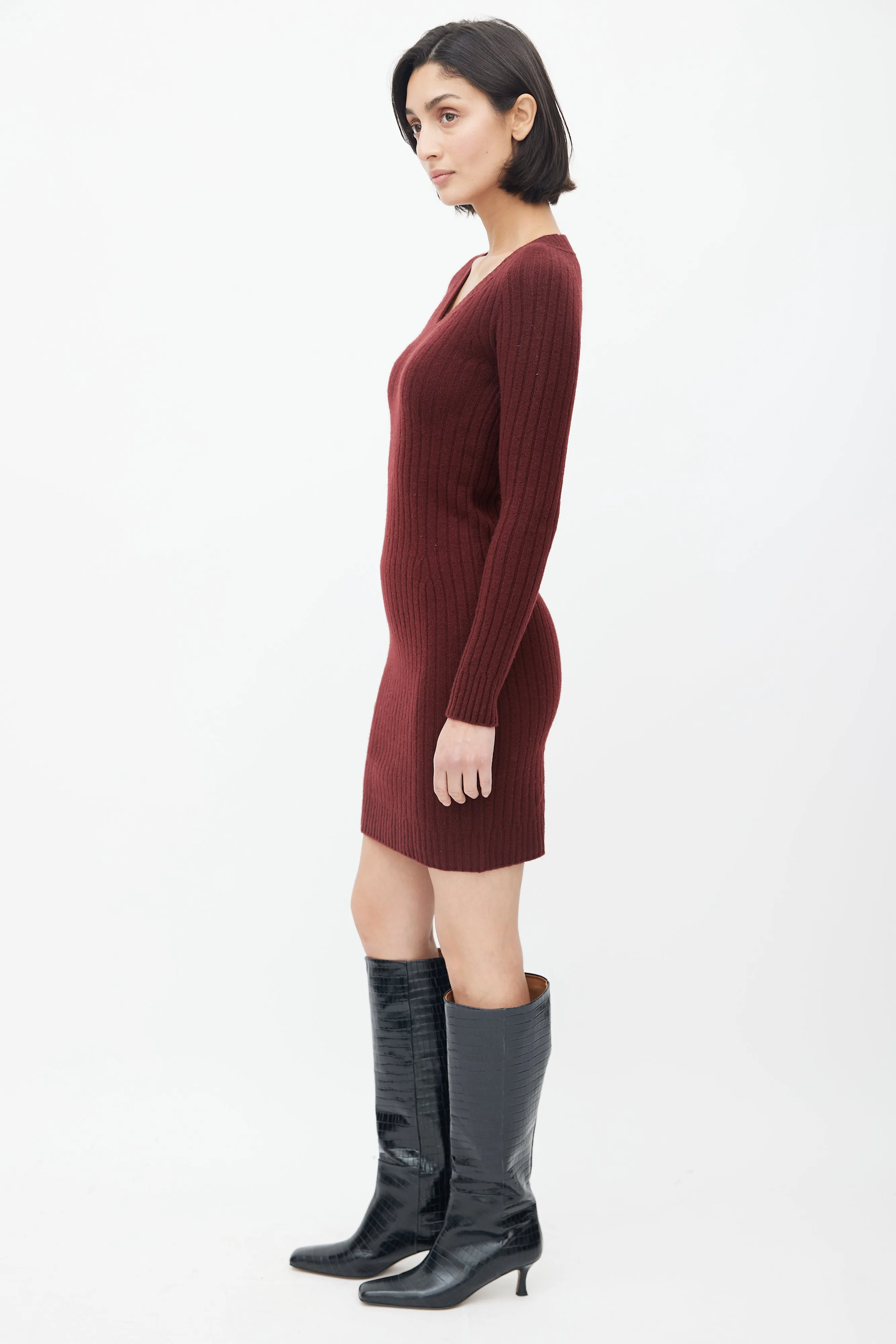 Burgundy Ribbed Knit Sweater Dress