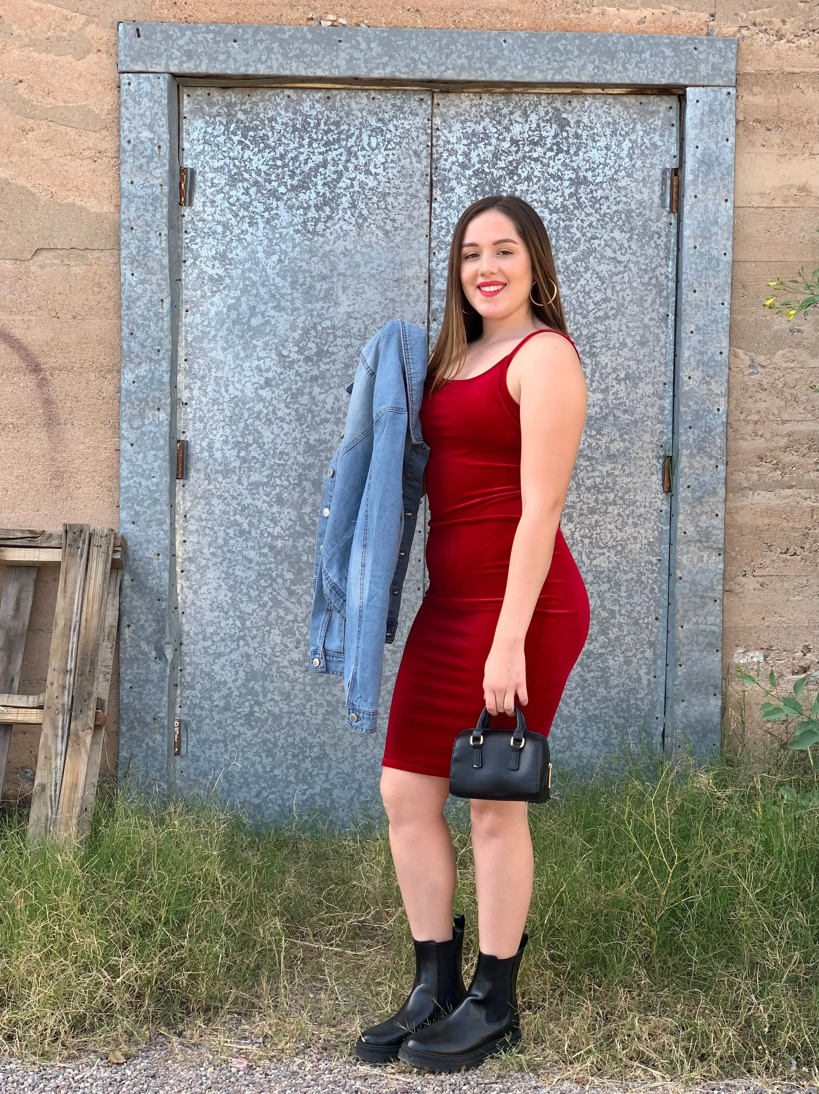 Burgundy Velvet Spaghetti Strap Mid Length Dress