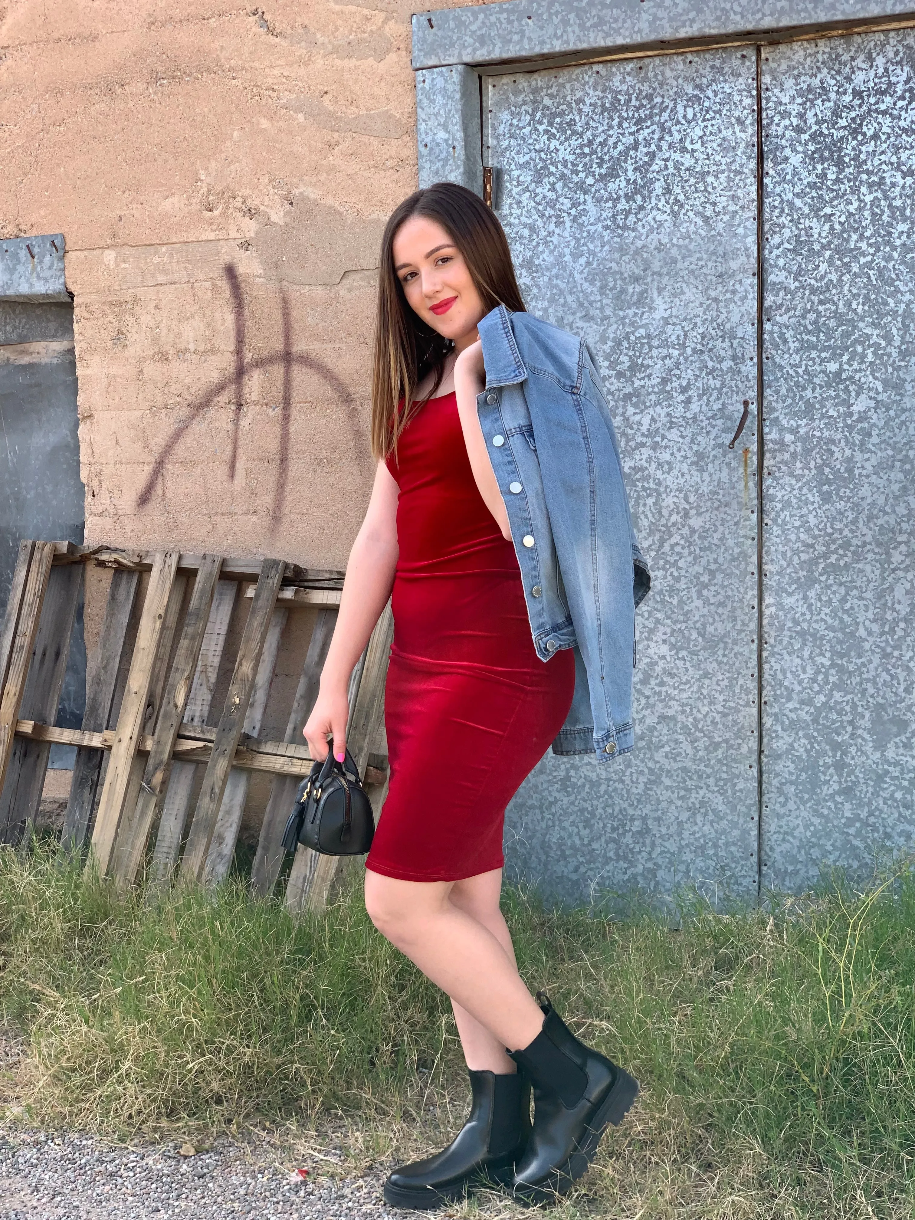 Burgundy Velvet Spaghetti Strap Mid Length Dress