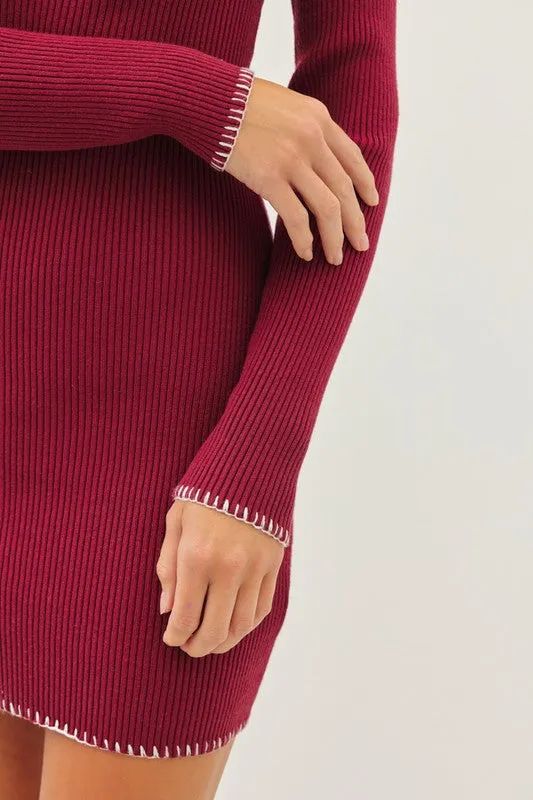 Burgundy/Cream Sweetheart Contrast Stitch Sweater Bodycon Dress