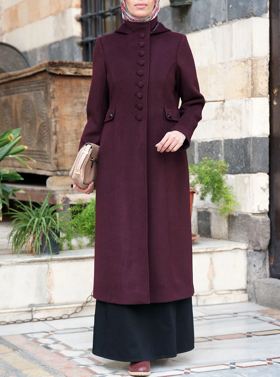 Buttoned Hooded Wool Coat