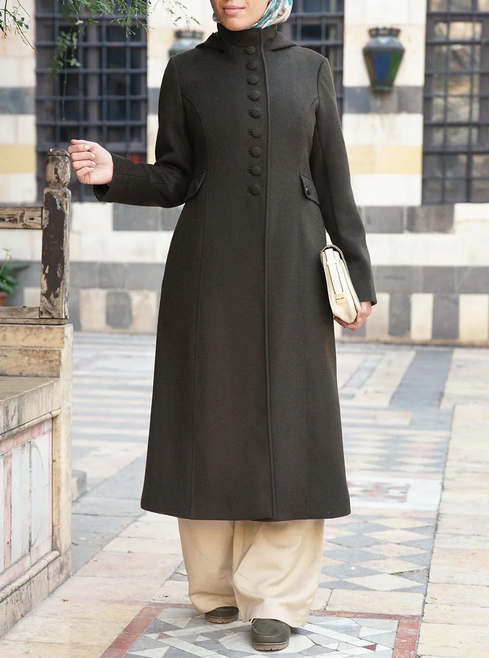 Buttoned Hooded Wool Coat