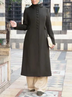 Buttoned Hooded Wool Coat