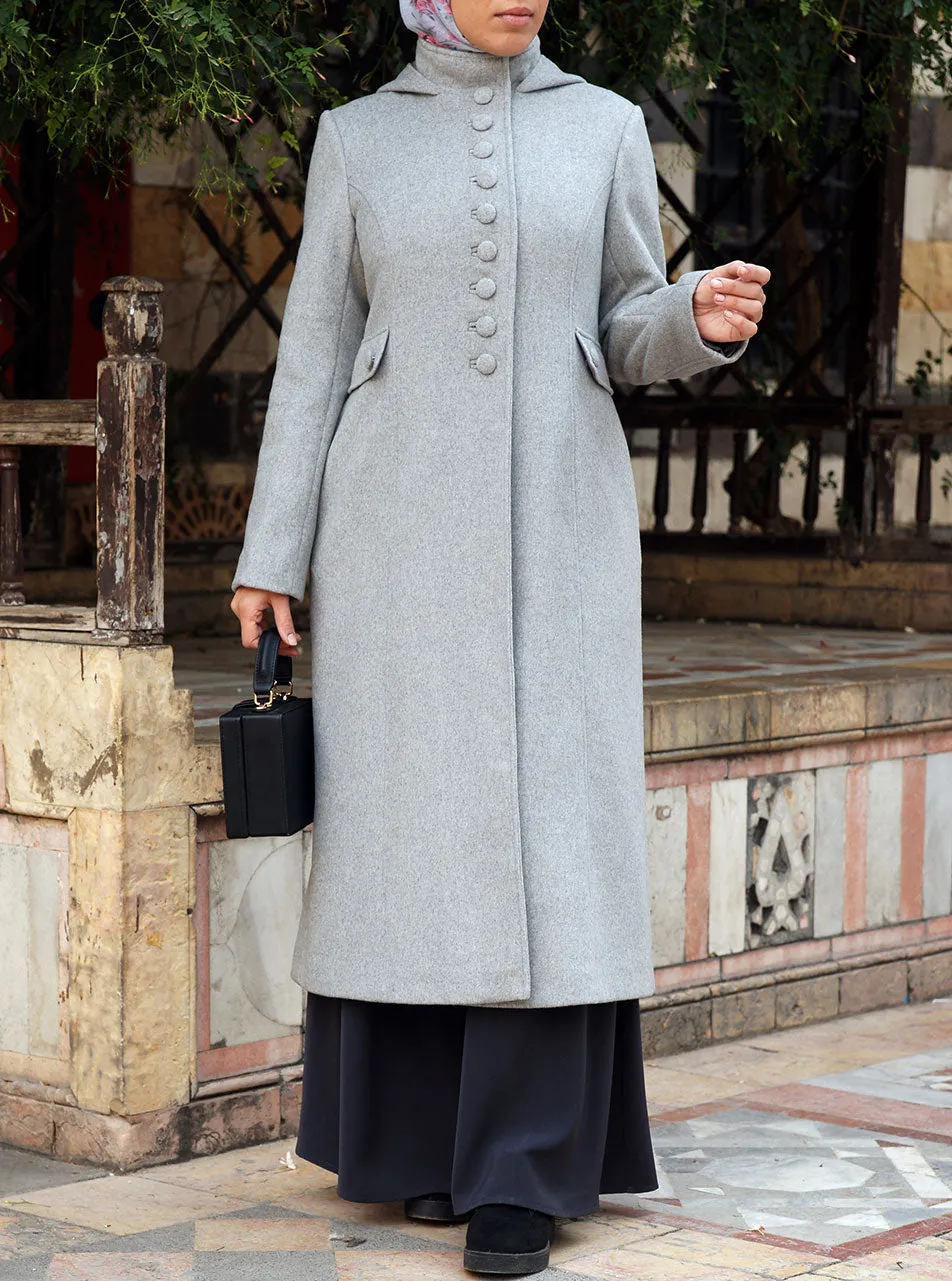 Buttoned Hooded Wool Coat