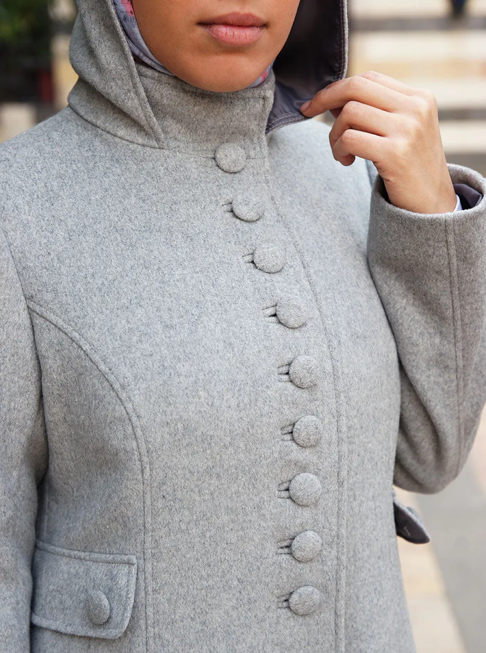 Buttoned Hooded Wool Coat