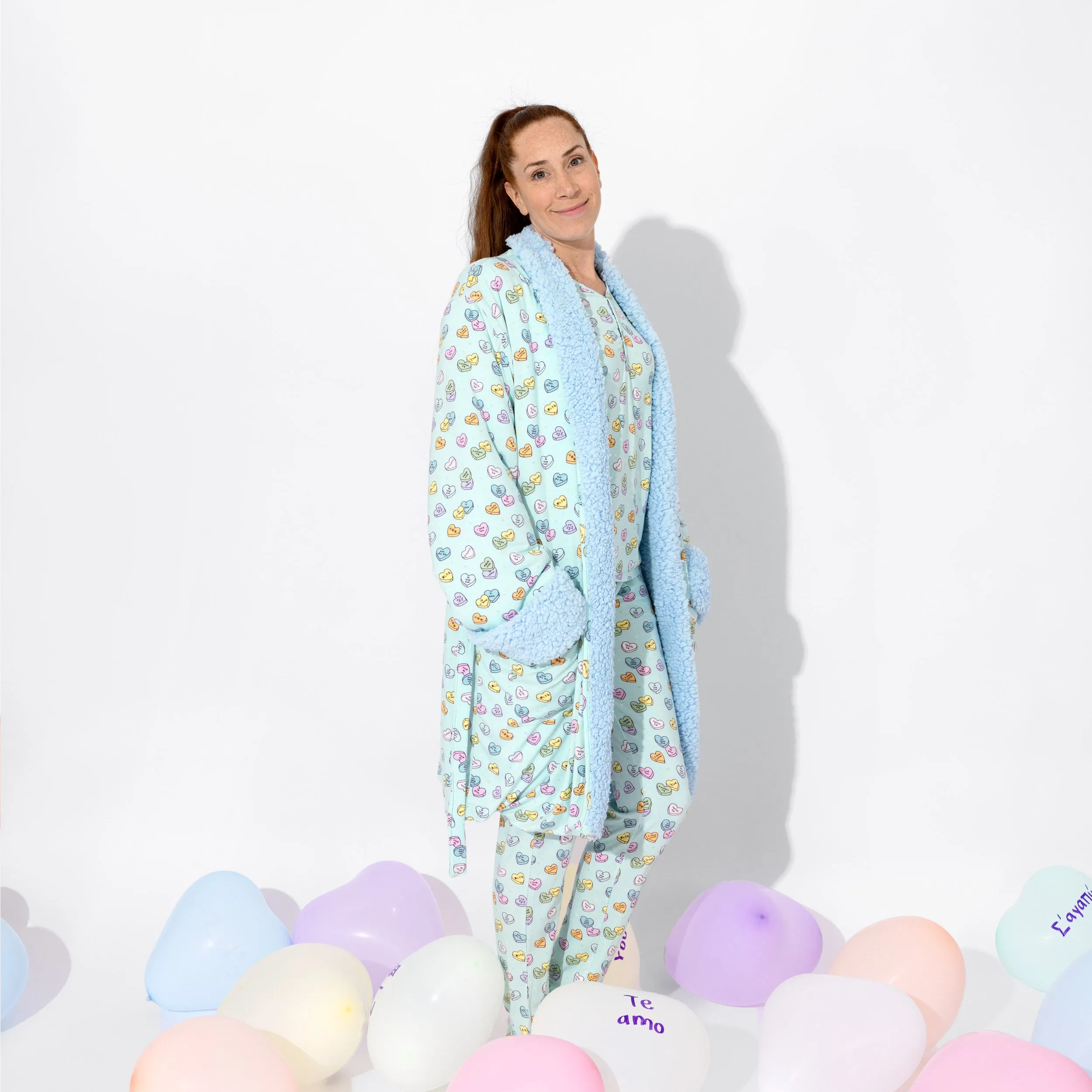 Candy Hearts Blue Bamboo Adult Sherpa Robe