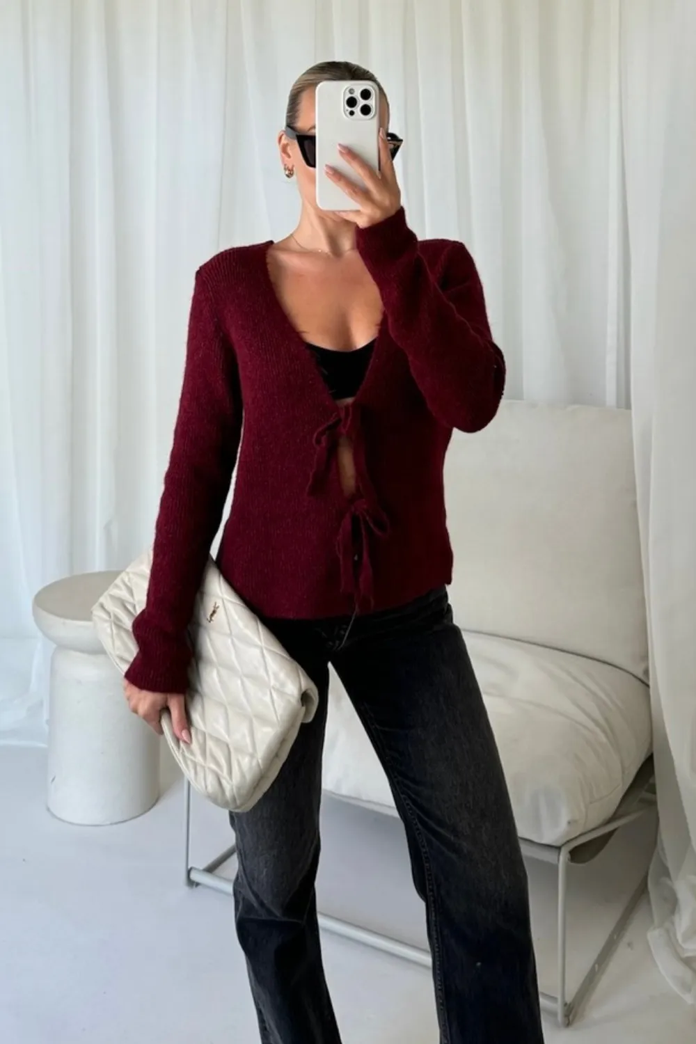 Carly burgundy tie front cardigan