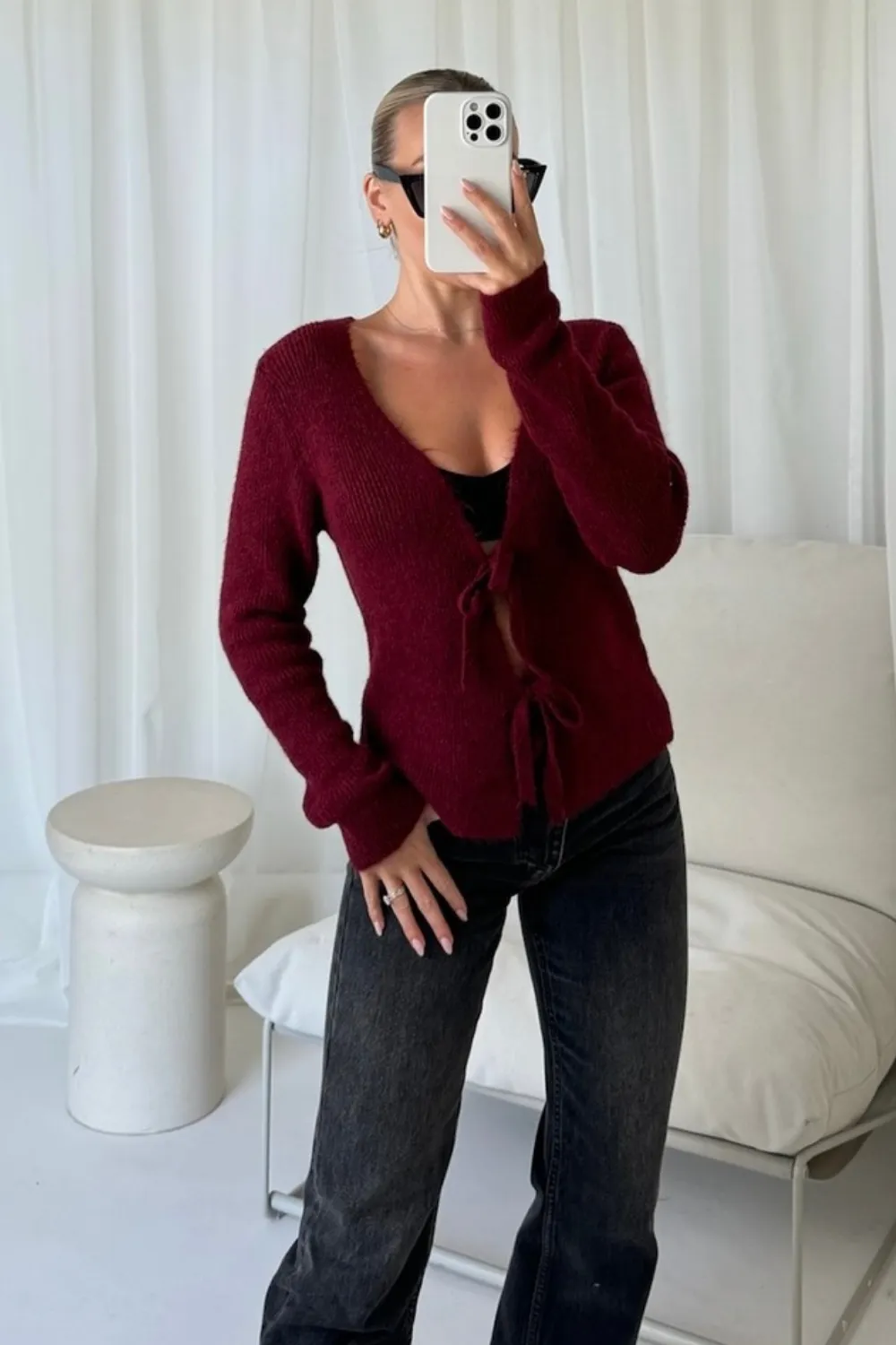 Carly burgundy tie front cardigan