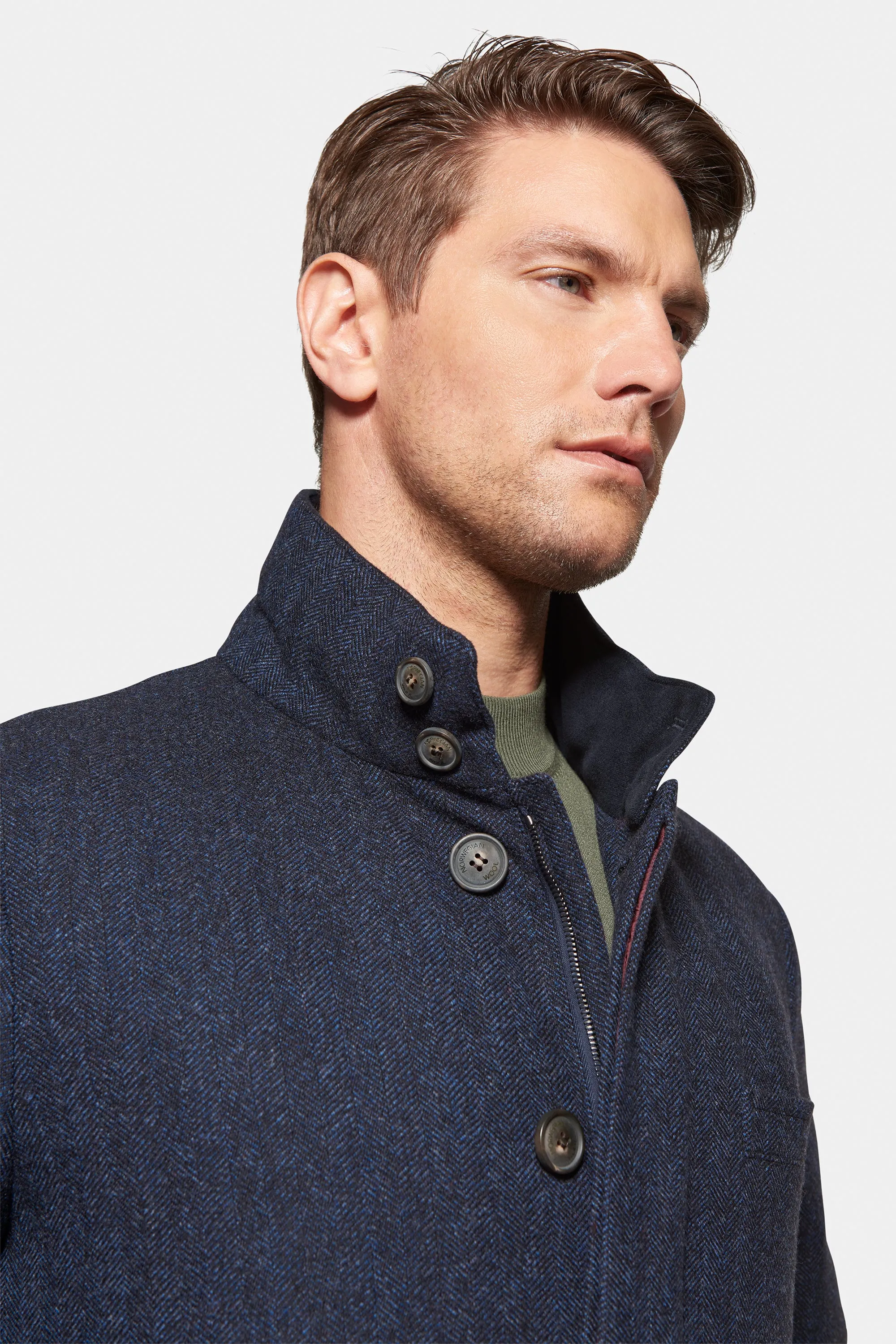 Cashmere Wool Car Coat, British Blue Herringbone