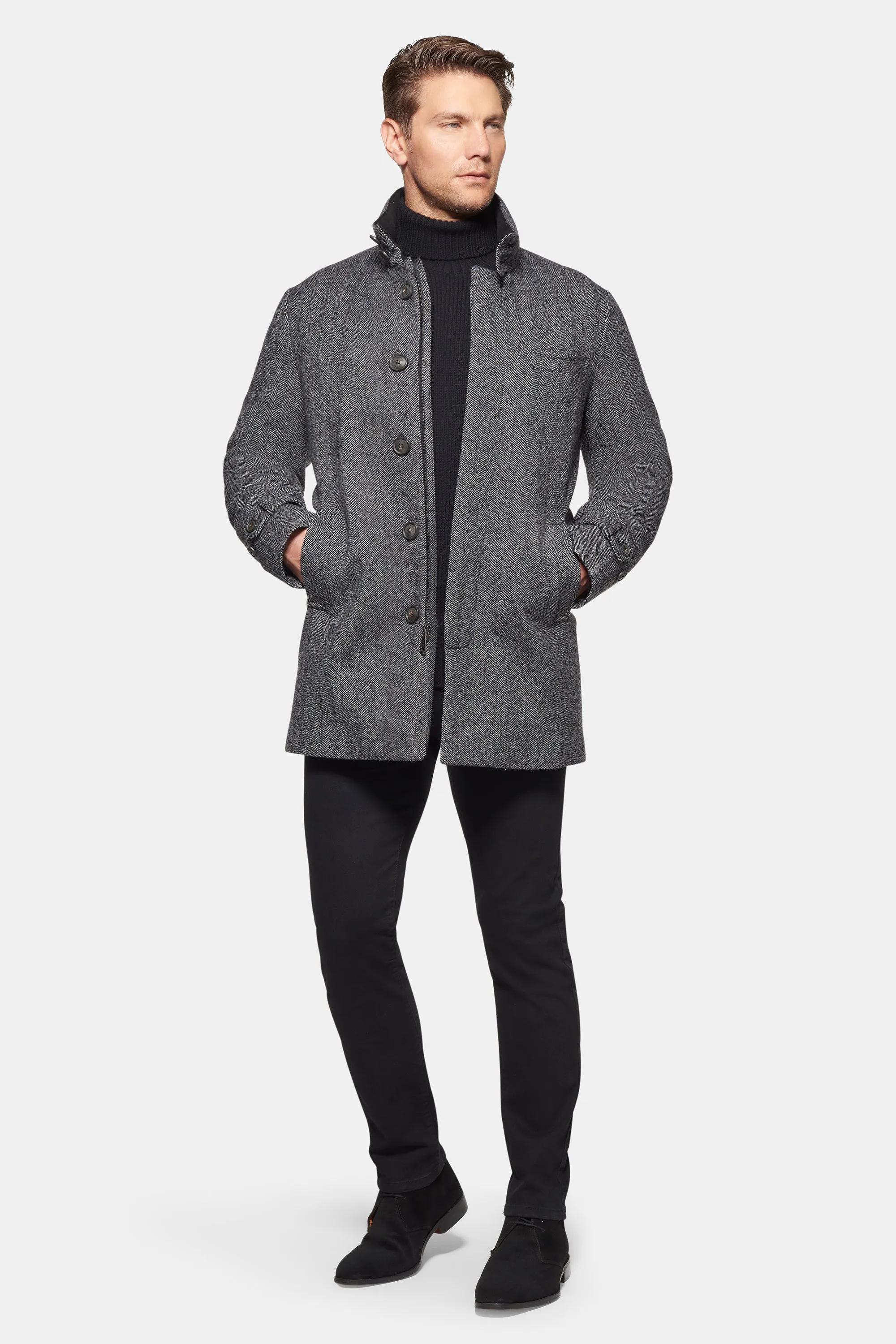 Cashmere Wool Car Coat, Grey Black Herringbone