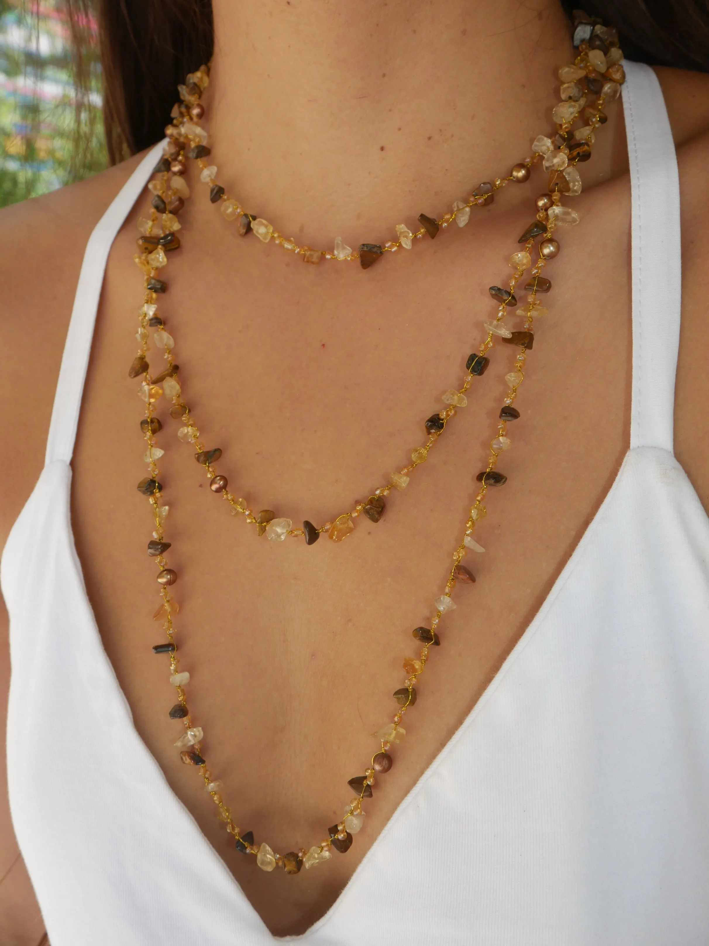 Citrine Tigers Eye and Freshwater Pearl Necklace on a Japanese Silk Cord 64inch Long Wrap Around Beaded Necklace KESLEY Jewelry