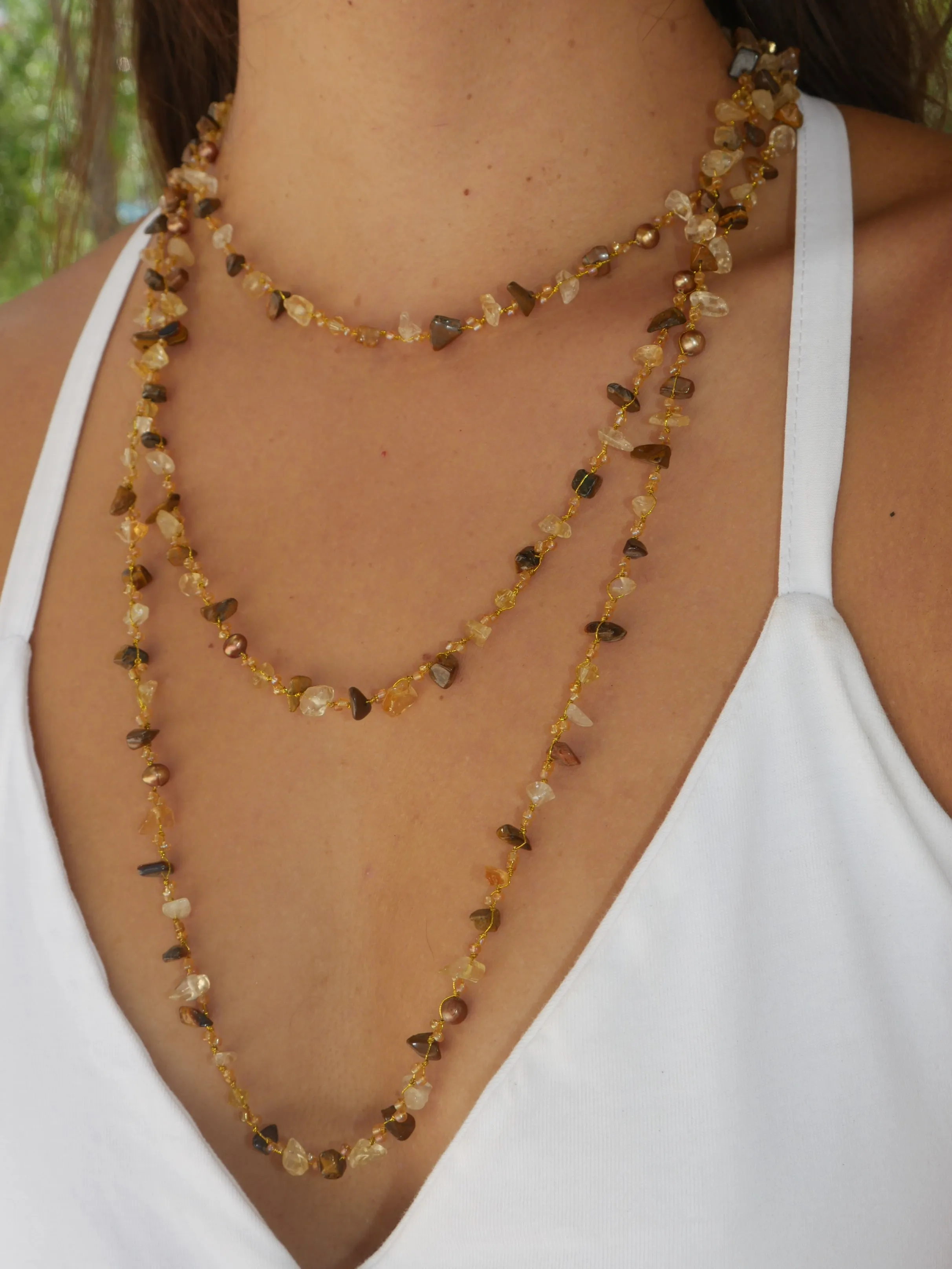 Citrine Tigers Eye and Freshwater Pearl Necklace on a Japanese Silk Cord 64inch Long Wrap Around Beaded Necklace KESLEY Jewelry