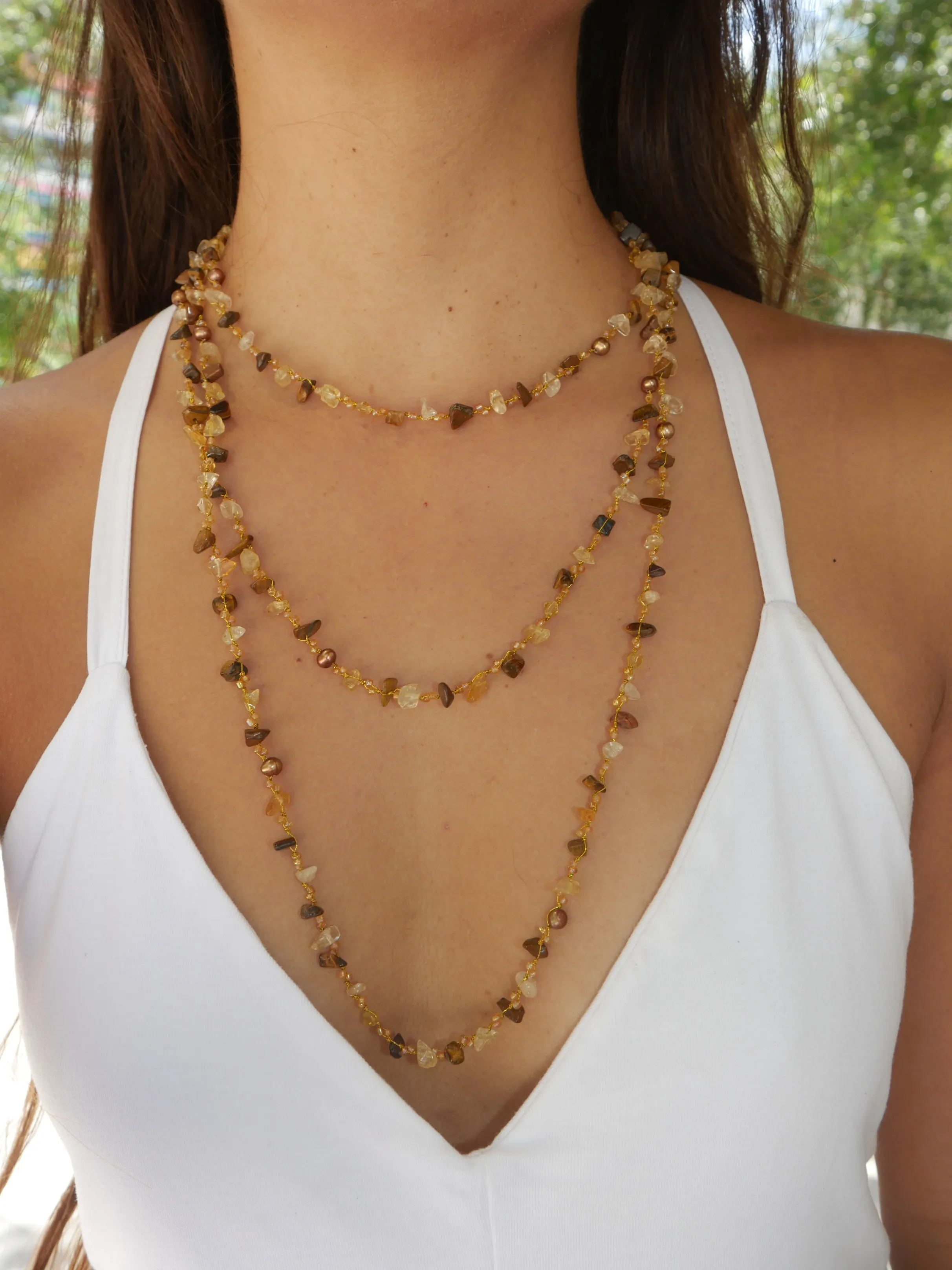 Citrine Tigers Eye and Freshwater Pearl Necklace on a Japanese Silk Cord 64inch Long Wrap Around Beaded Necklace KESLEY Jewelry