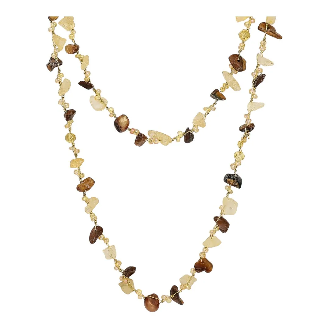 Citrine Tigers Eye and Freshwater Pearl Necklace on a Japanese Silk Cord 64inch Long Wrap Around Beaded Necklace KESLEY Jewelry