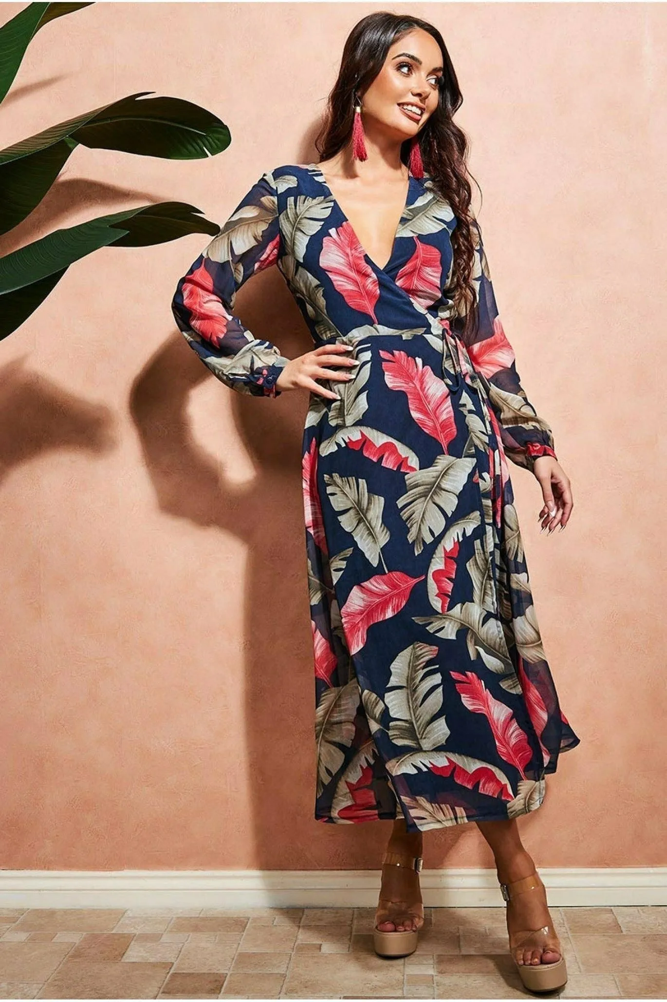 City Goddess Printed Wrap Midi Dress - Navy