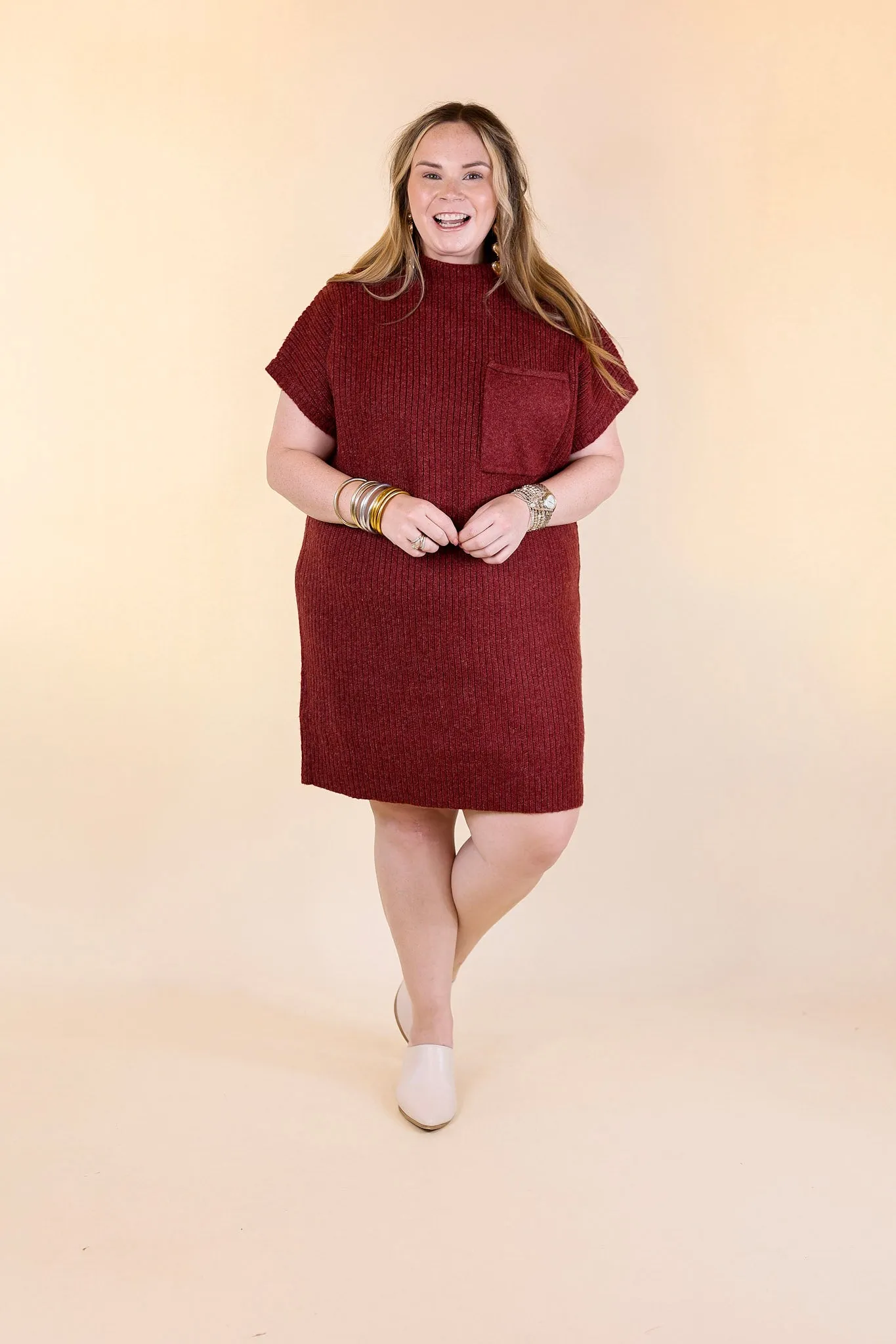 City Sights Cap Sleeve Sweater Dress in Maroon