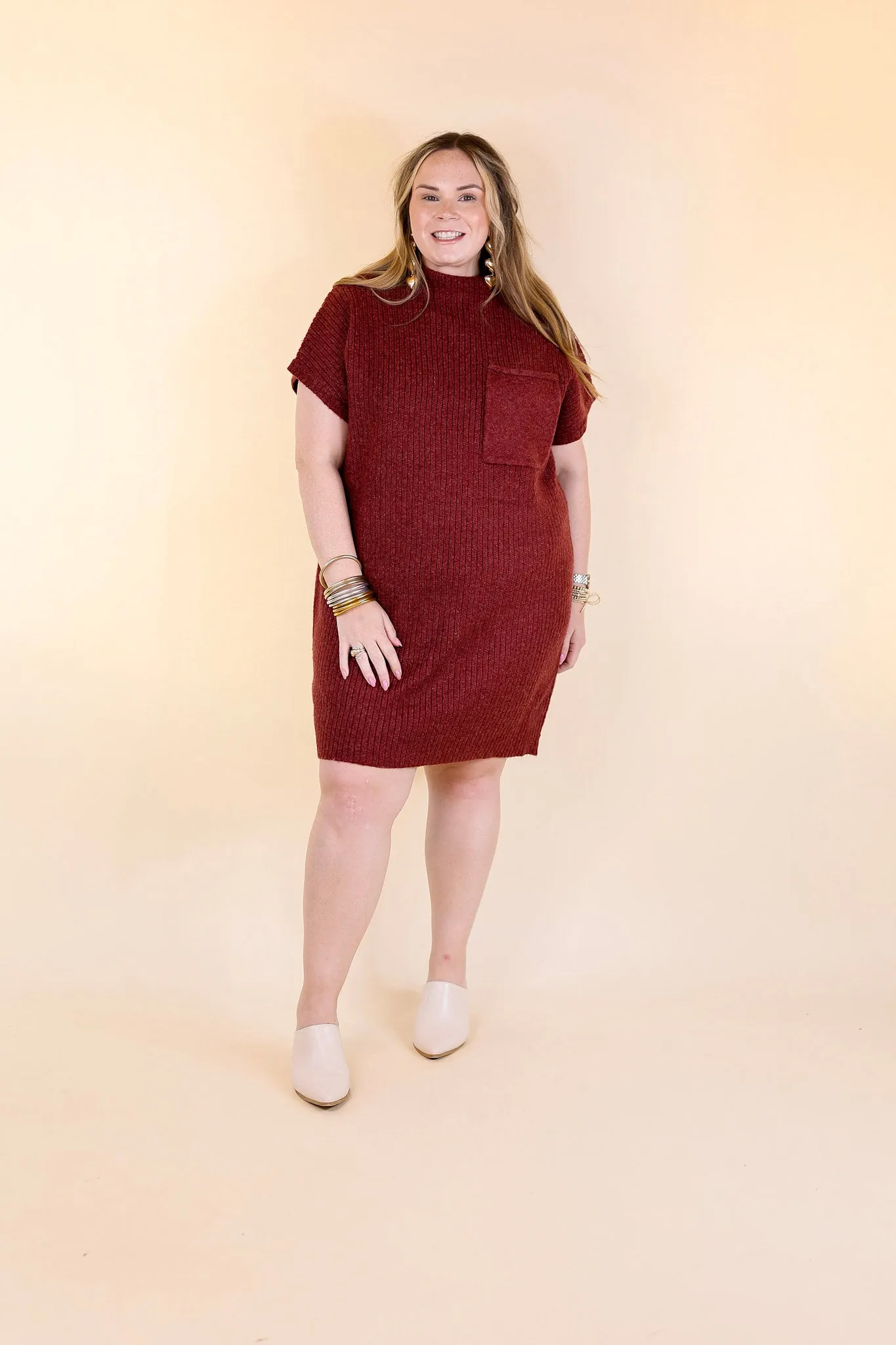 City Sights Cap Sleeve Sweater Dress in Maroon