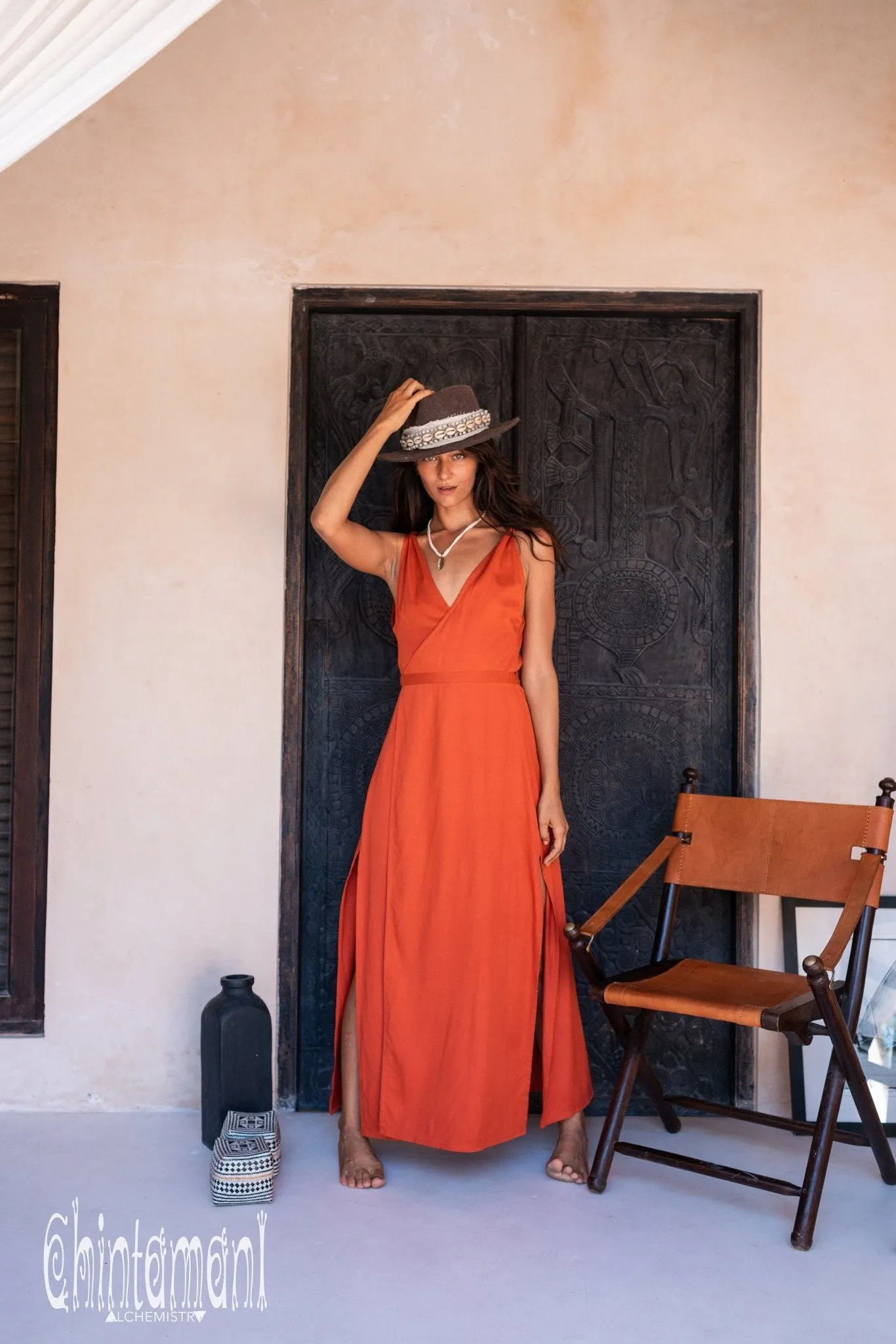 Cotton Sleeveless Wrap Dress / Red Ochre