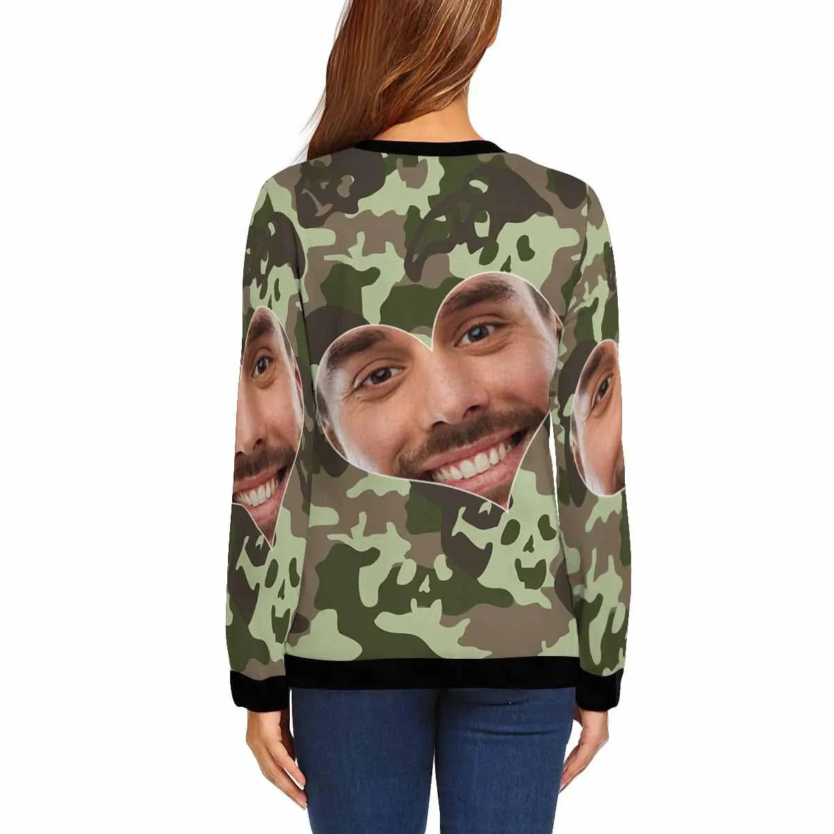 Custom Boyfriend Face Camouflage Women's Casual Crewneck Sweatshirt Personalized Long Sleeve Loose Sweatshirt