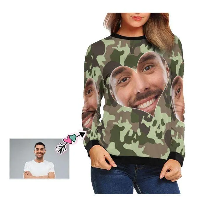 Custom Boyfriend Face Camouflage Women's Casual Crewneck Sweatshirt Personalized Long Sleeve Loose Sweatshirt