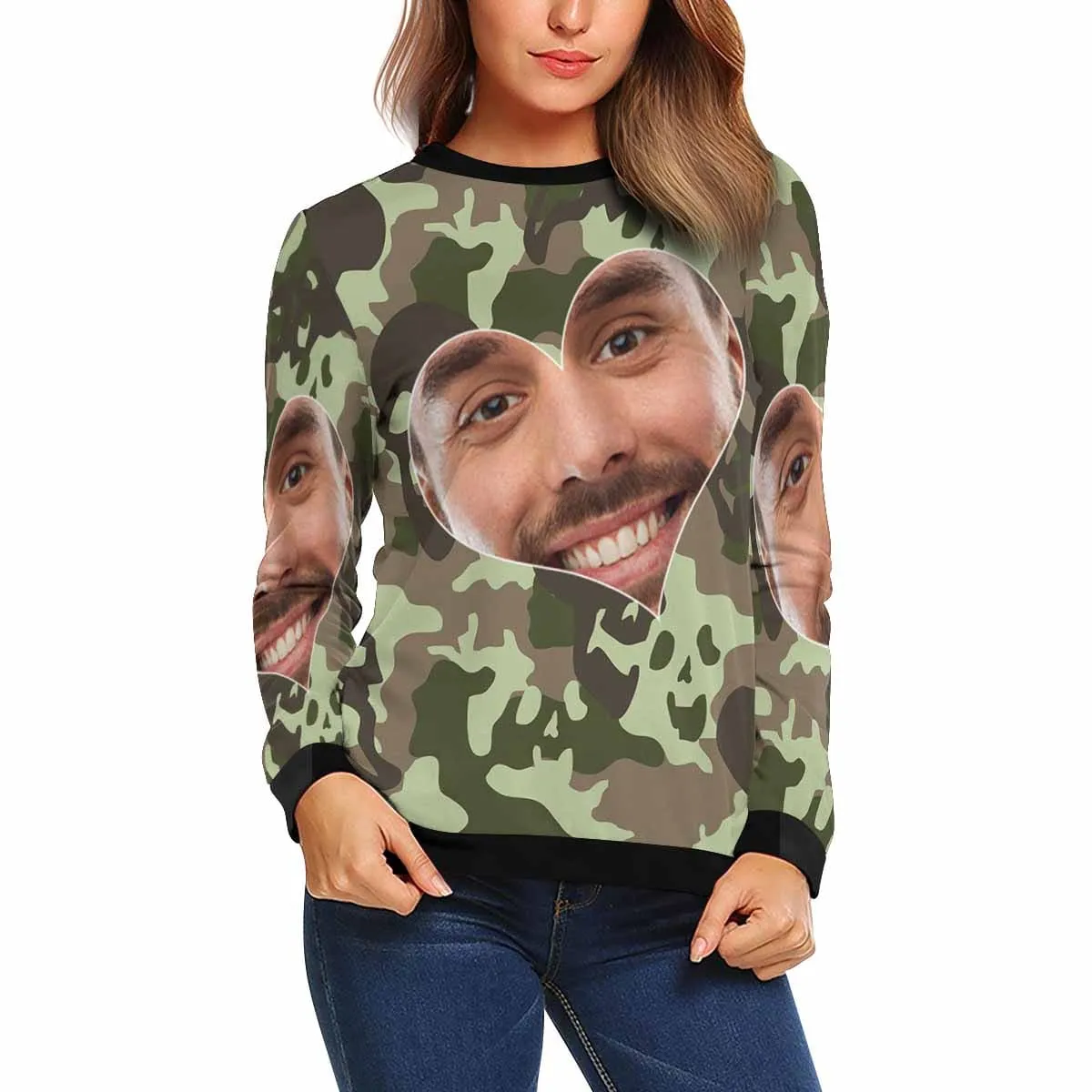 Custom Boyfriend Face Camouflage Women's Casual Crewneck Sweatshirt Personalized Long Sleeve Loose Sweatshirt