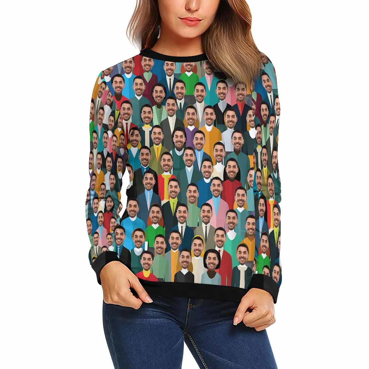 Custom Boyfriend Face Crowd Women's Casual Crew Neck Sweatshirt Personalized Long Sleeve Loose Sweatshirt, Best Gift For Her