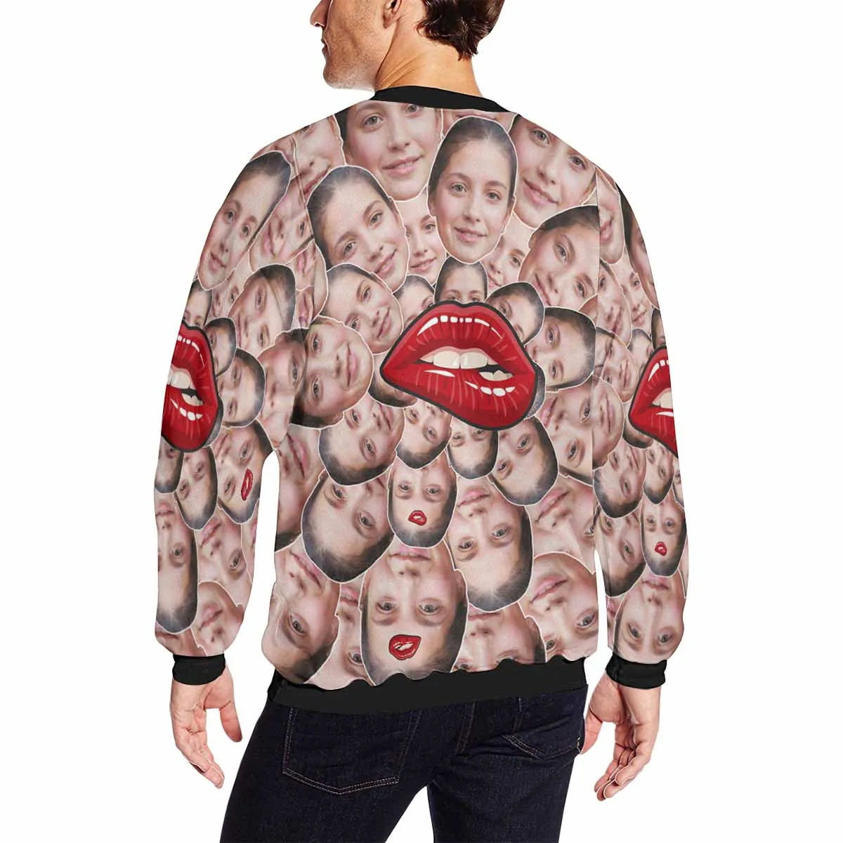 Custom Face Red Lip Loose Sweatshirt Personalized Face All Over Print Crewneck Loose Sweatshirt