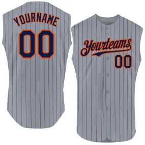 Custom Gray Navy Pinstripe Orange Authentic Sleeveless Baseball Jersey