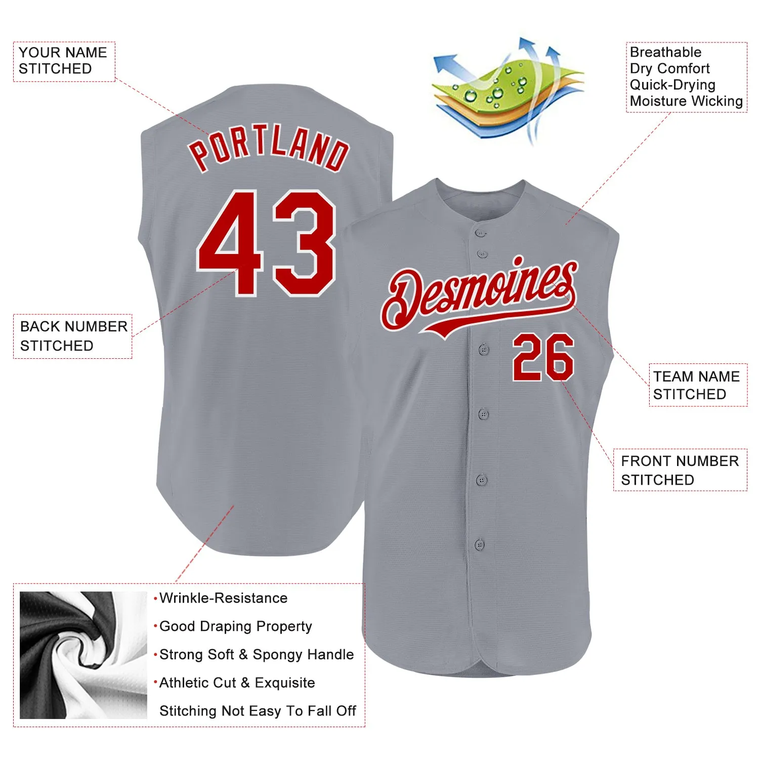 Custom Gray Red-White Authentic Sleeveless Baseball Jersey