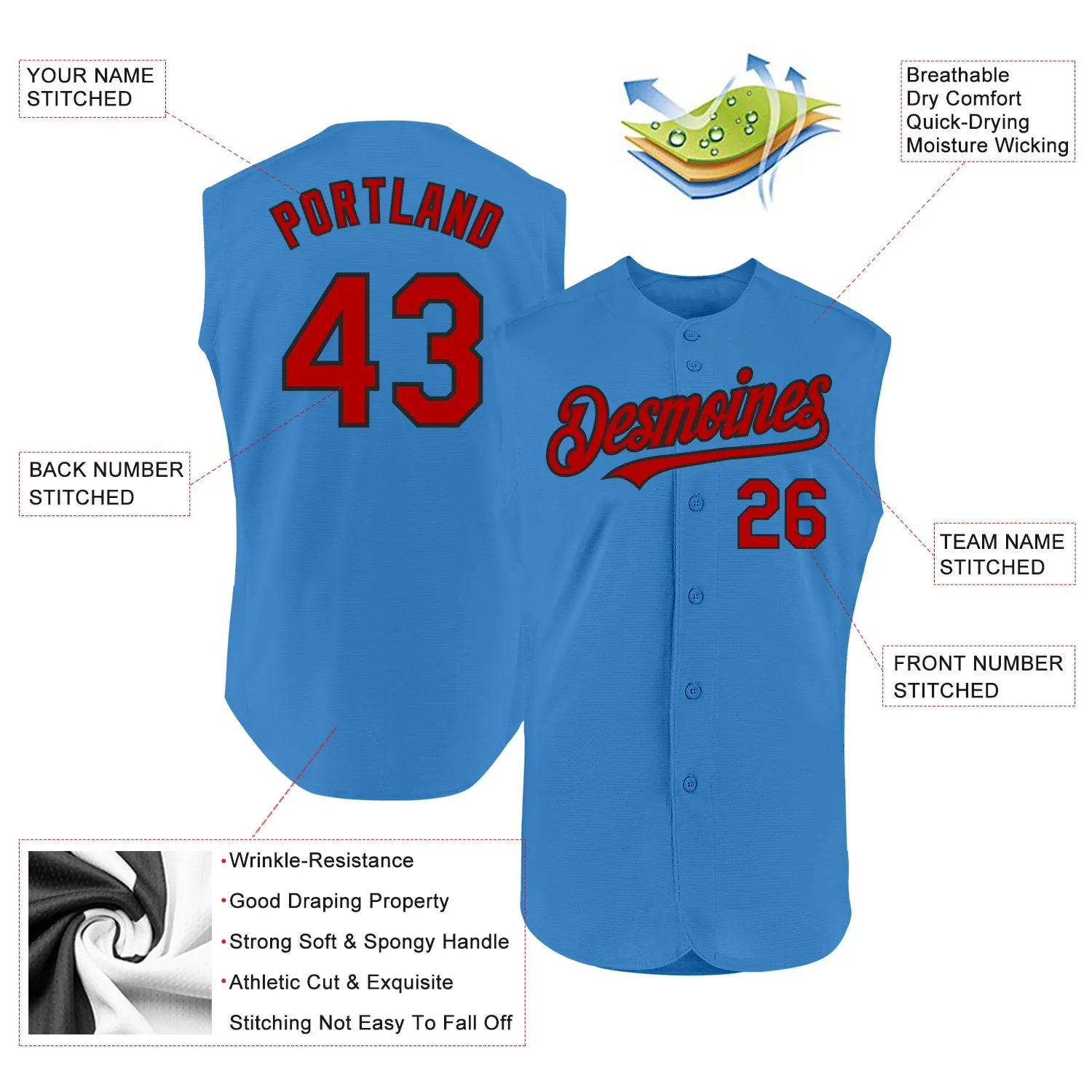 Custom Powder Blue Red-Black Authentic Sleeveless Baseball Jersey