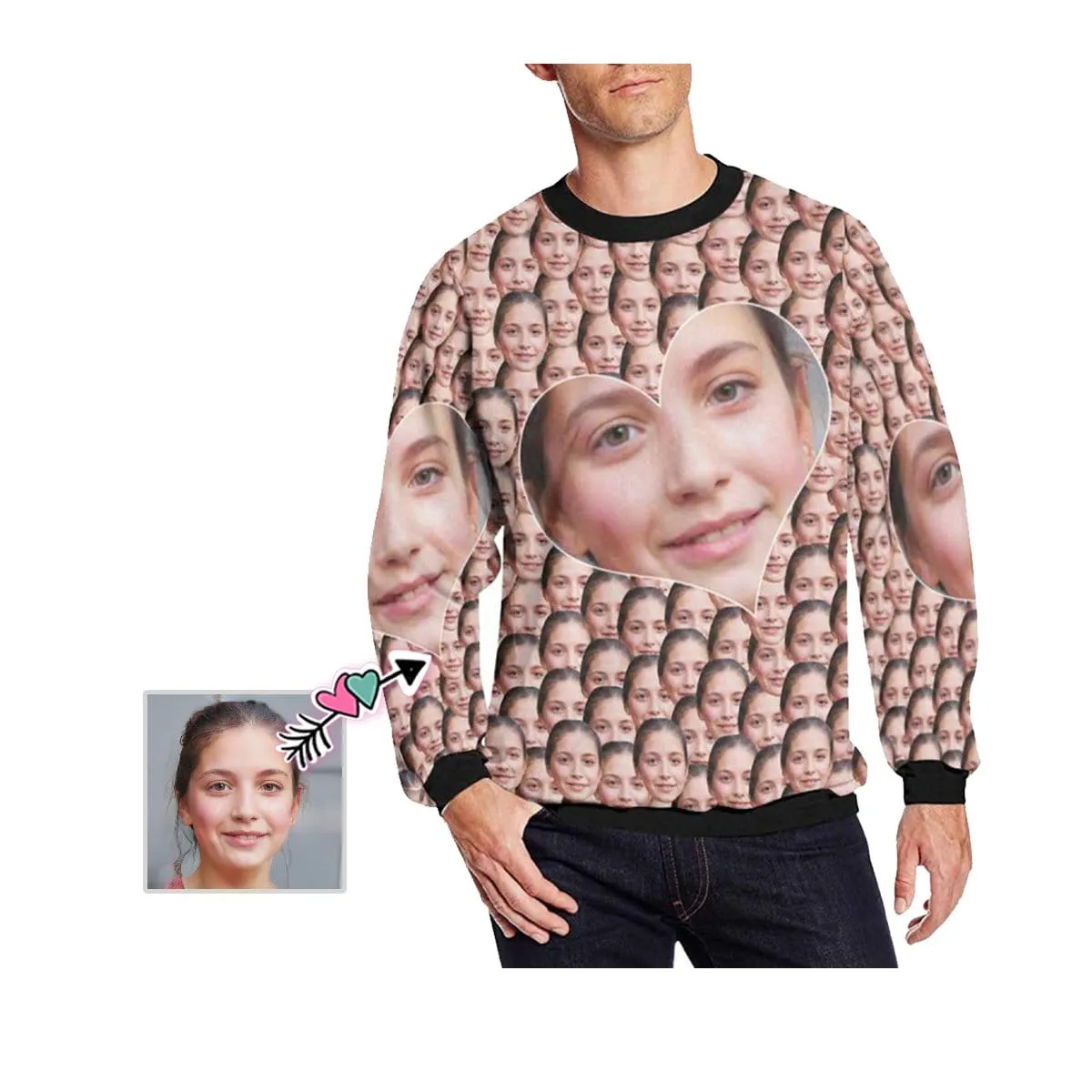 Custom Seamless Face Heart Loose Sweatshirt Personalized Face All Over Print Crewneck Loose Sweatshirt