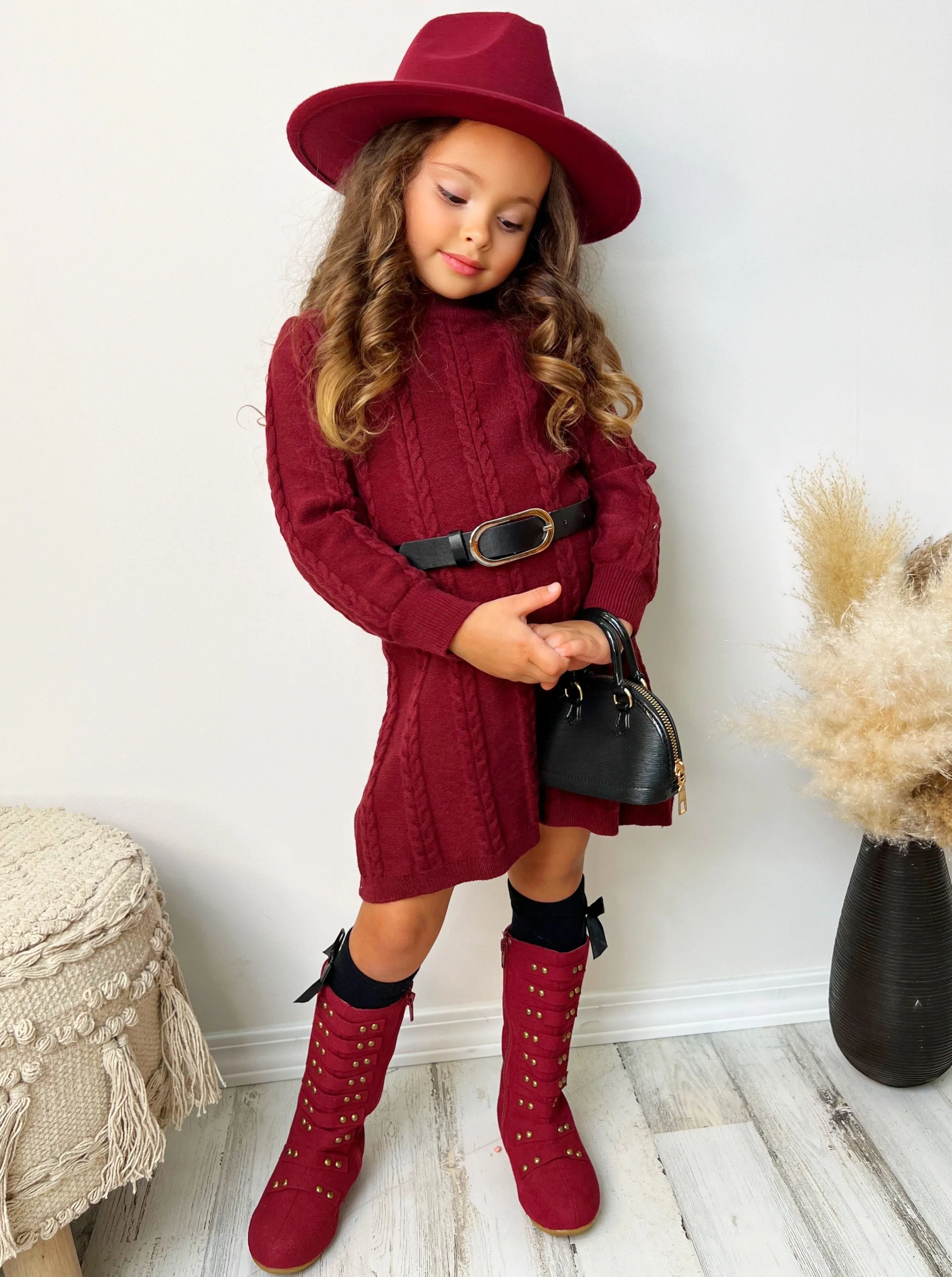 Cute Cranberry Cable Knit Belted Sweater Dress