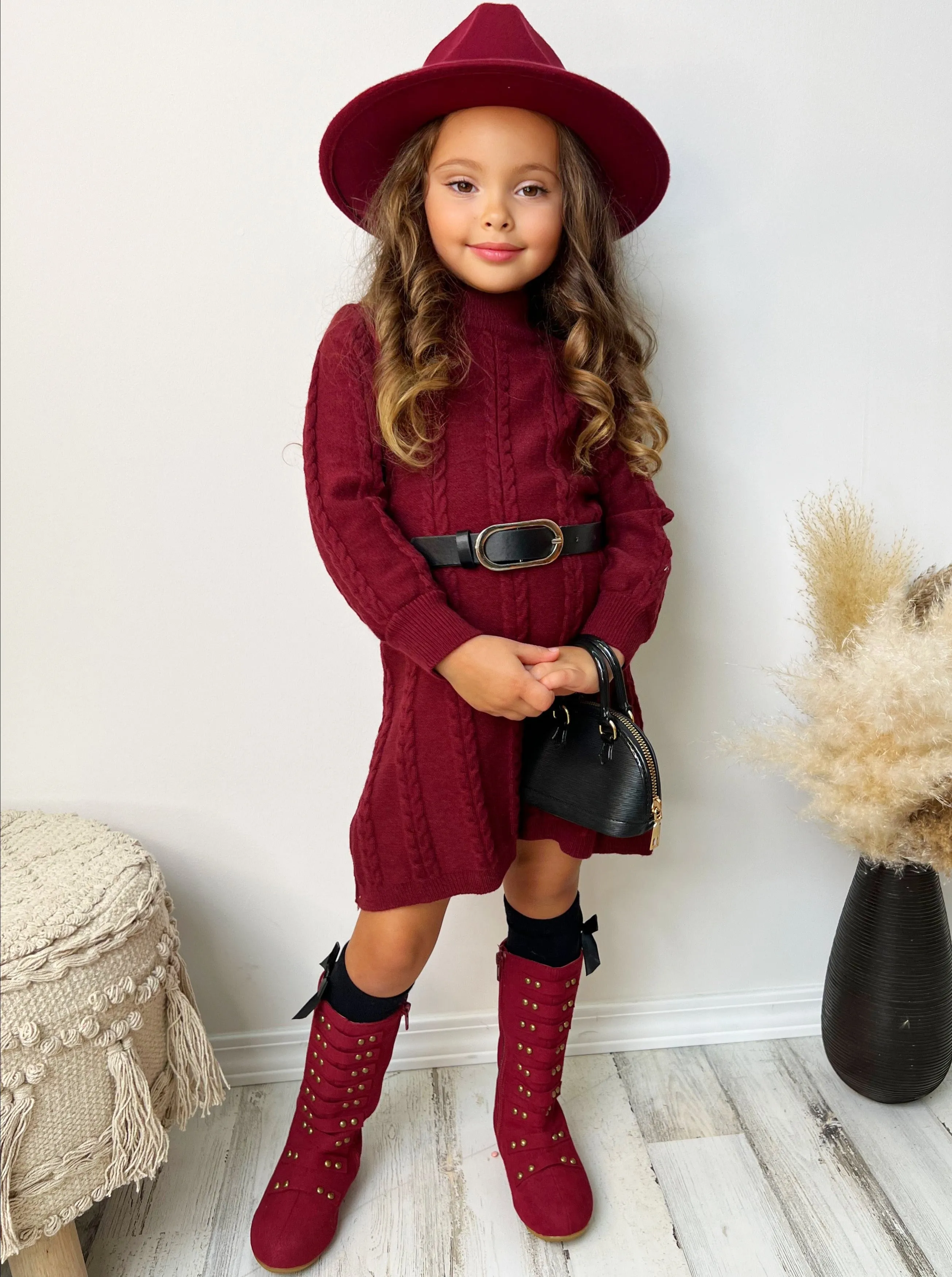 Cute Cranberry Cable Knit Belted Sweater Dress