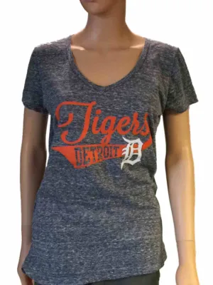 Detroit Tigers SAAG Women Navy Loose Fit Soft Baseball V-Neck T-Shirt