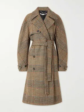 Double-breasted belted checked wool-blend tweed coat