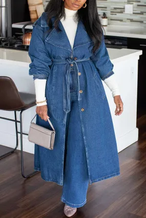 Elegant Collared Belted Long Denim Trench Coat