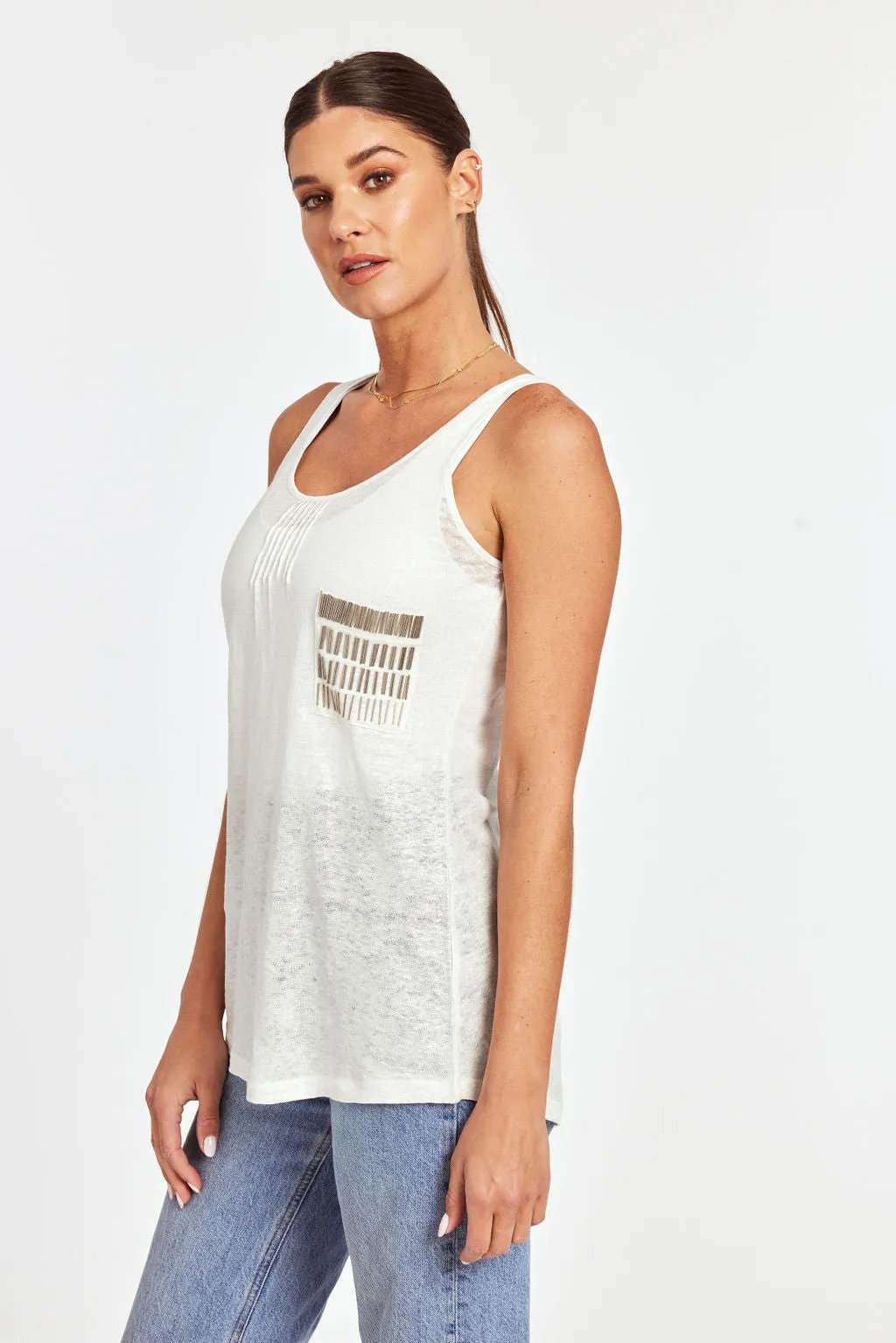 Embellished Pocket Linen Tank