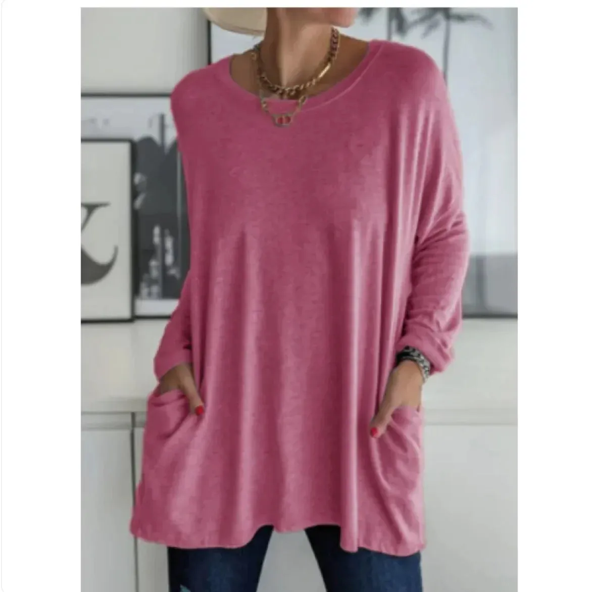 European & American Loose Fit Long Sleeve Round Neck Top with Pockets