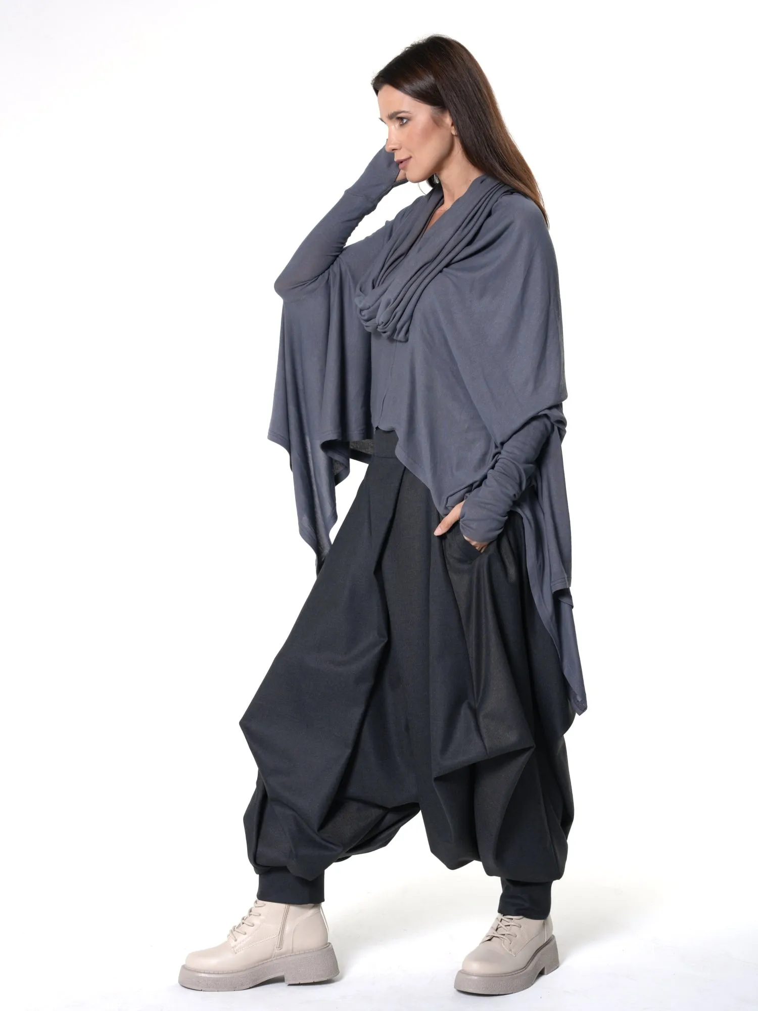 Extravagant Tunic With Scarf Collar In Gray