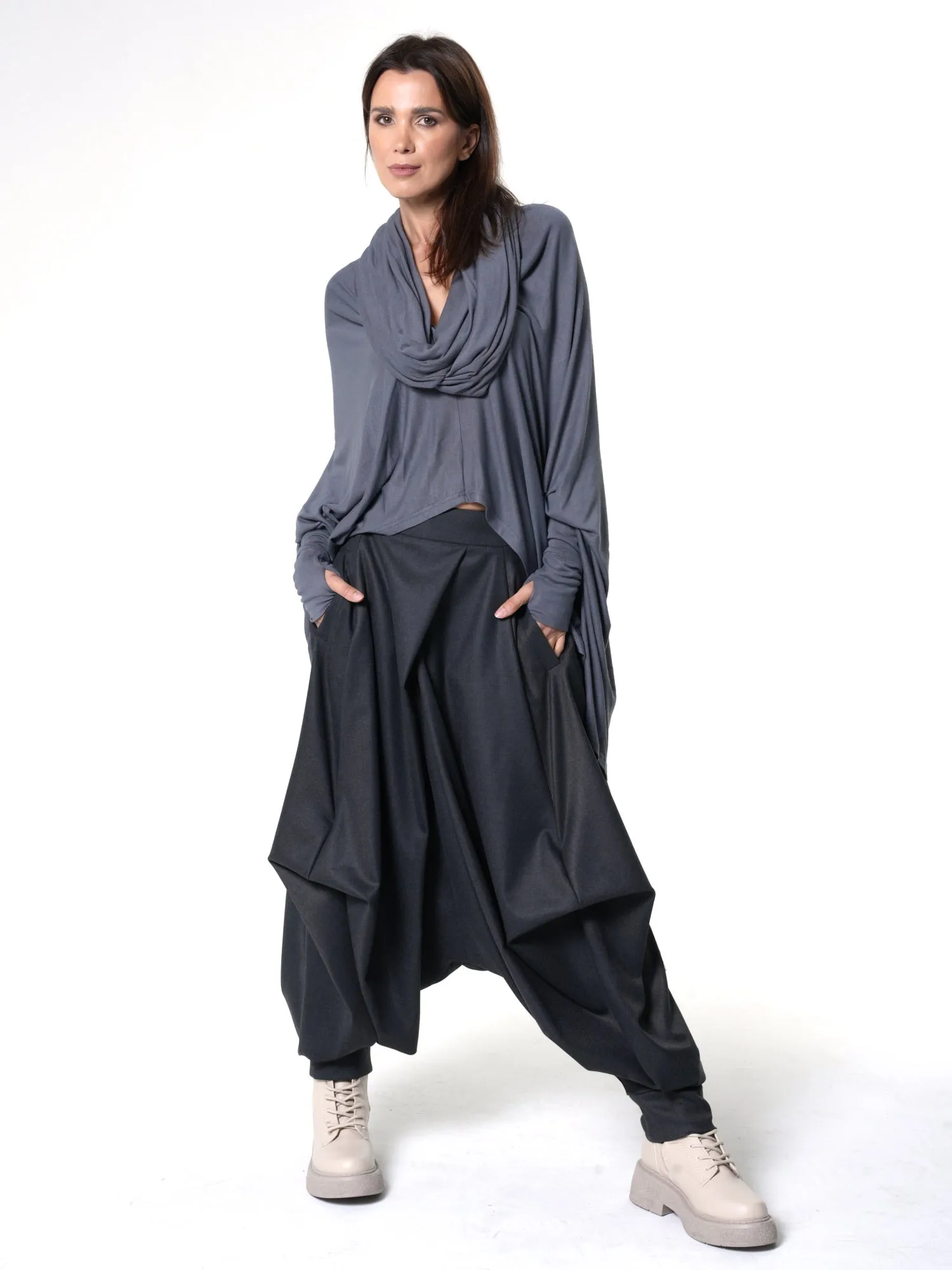 Extravagant Tunic With Scarf Collar In Gray