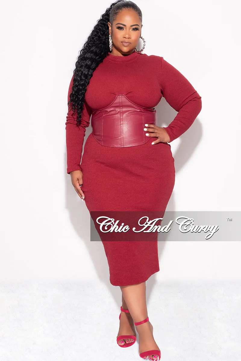 Final Sale Plus Size Thick Knit Sweater Dress with Faux Leather Corset Waist Midi Dress in Burgundy