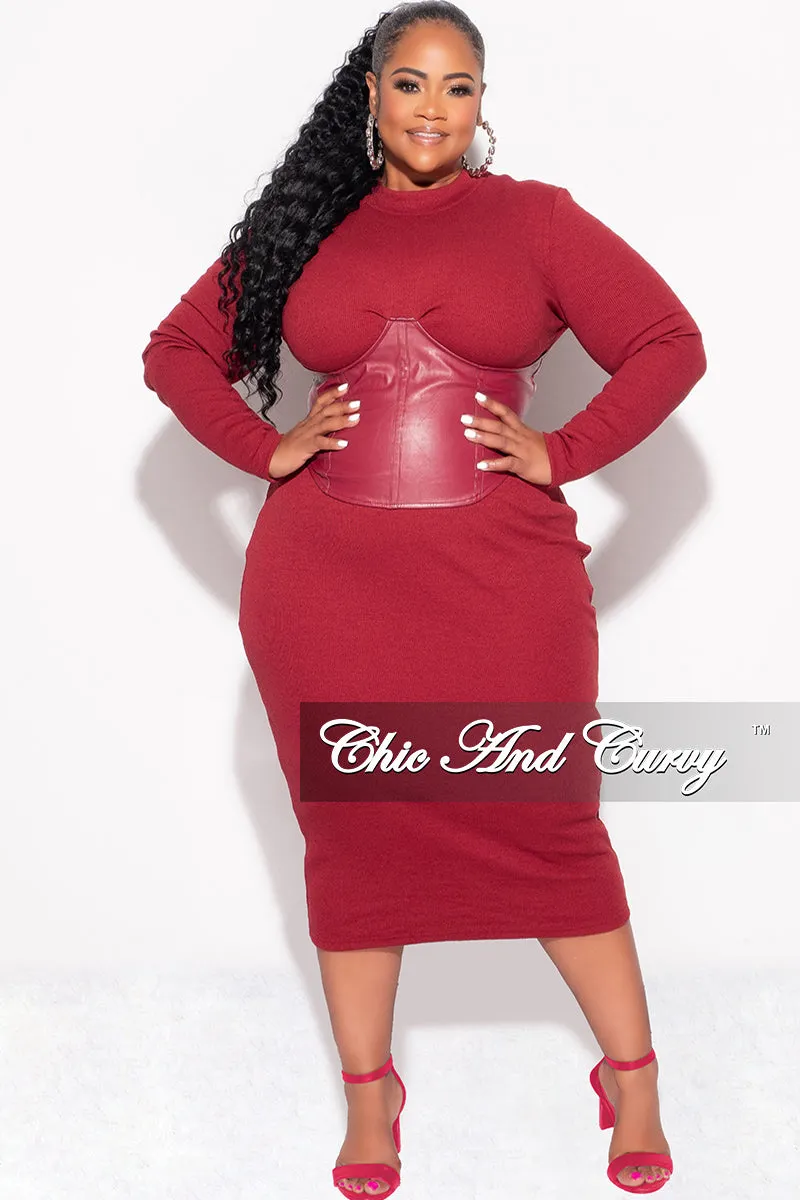 Final Sale Plus Size Thick Knit Sweater Dress with Faux Leather Corset Waist Midi Dress in Burgundy