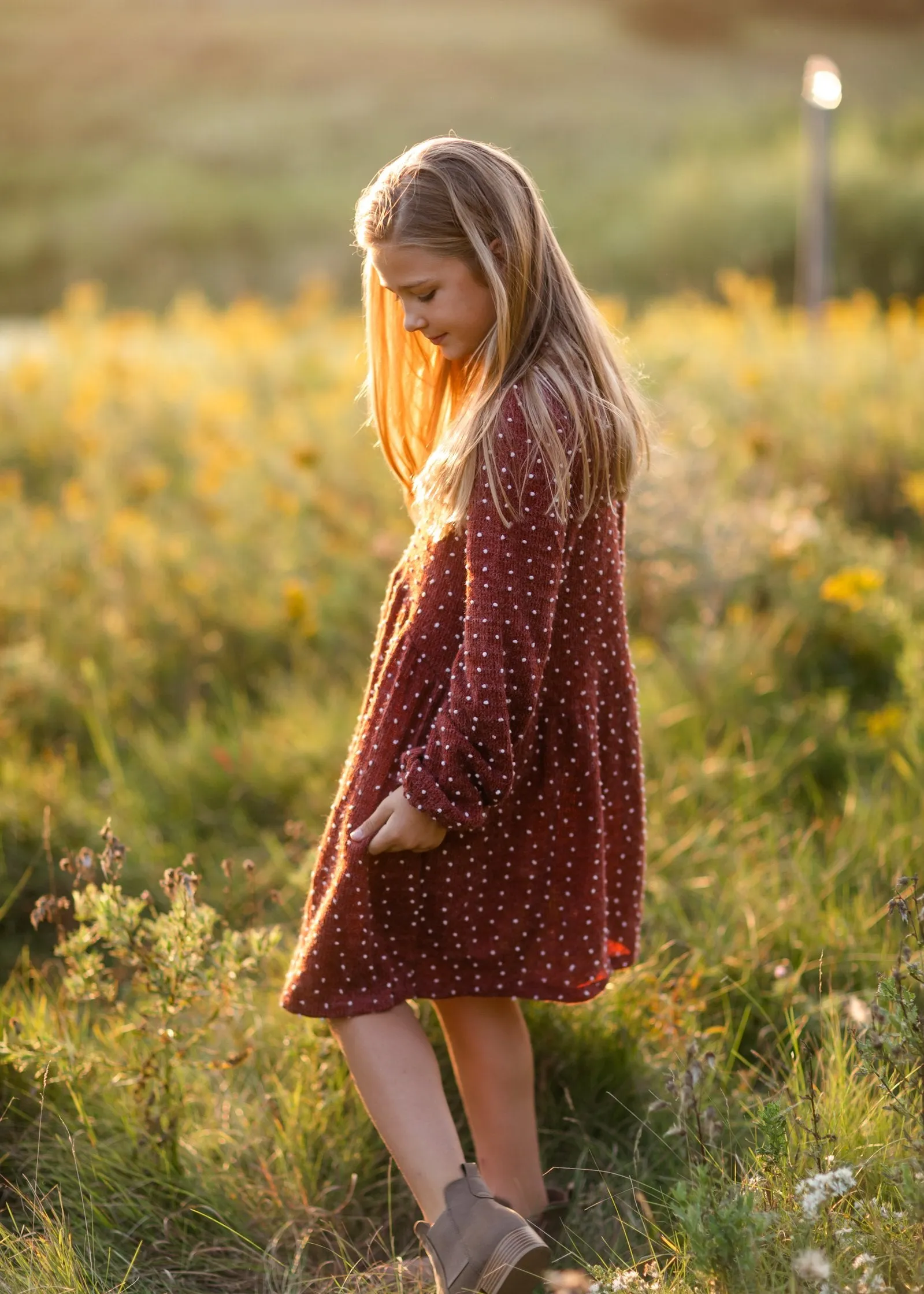 Girls Burgundy Swiss Dot Sweater Dress