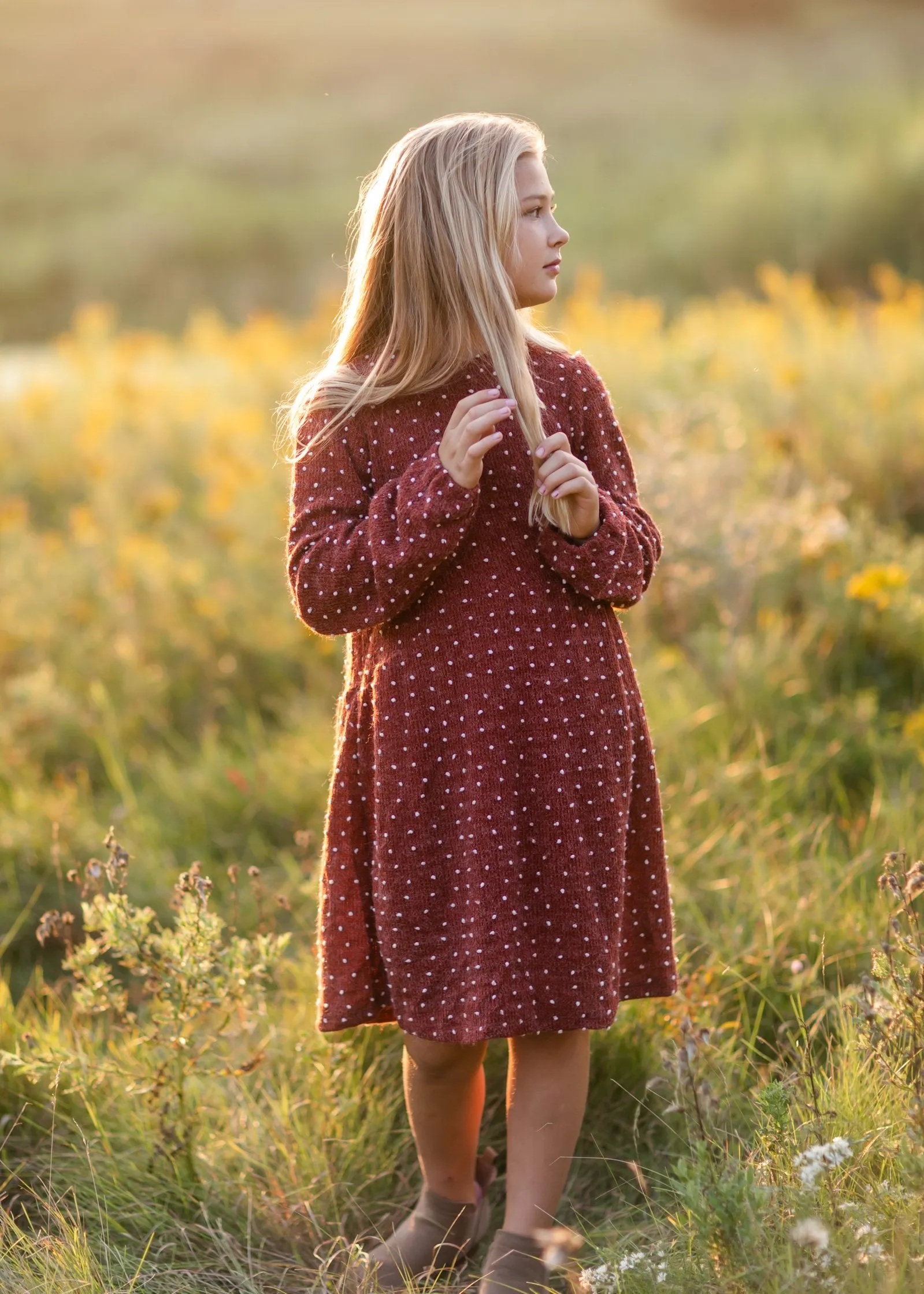 Girls Burgundy Swiss Dot Sweater Dress